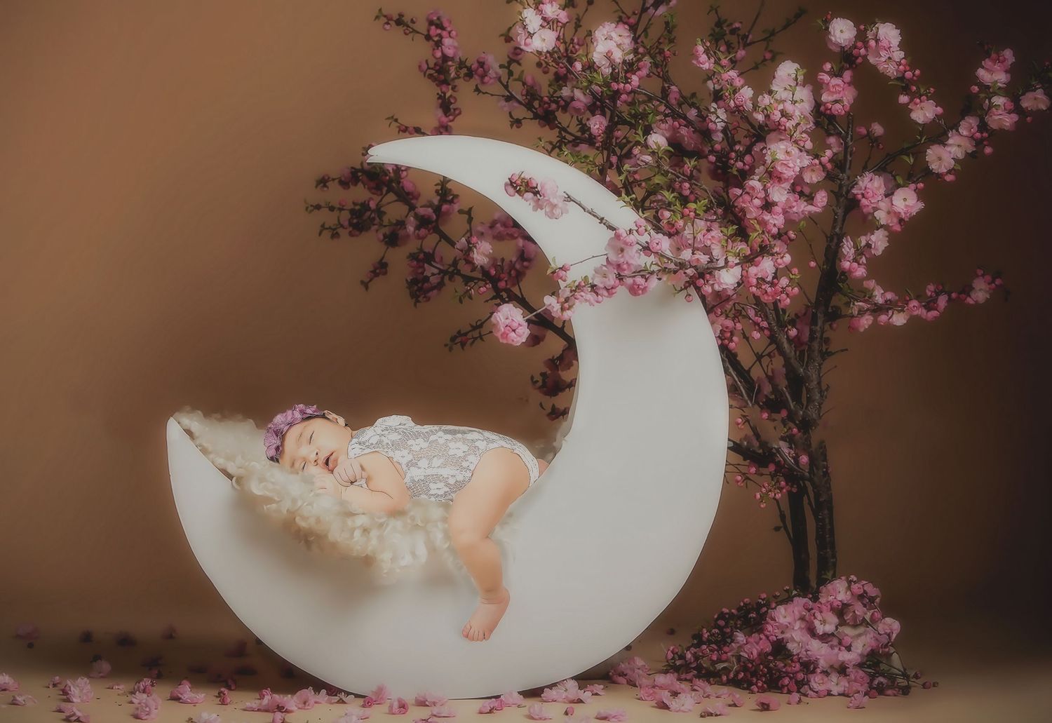 Dreamy nursery scene with crescent moon prop and pink cherry blossoms.