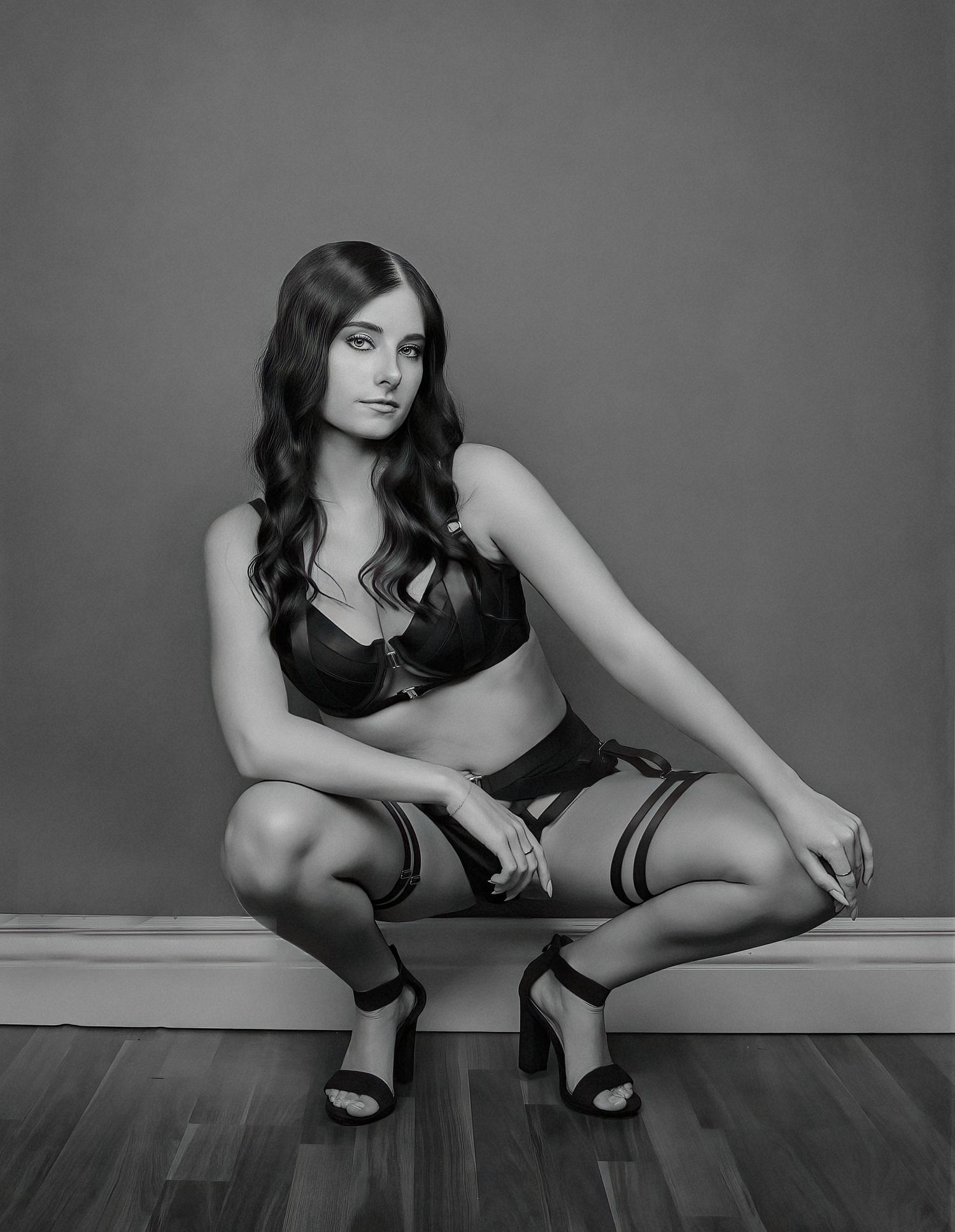 Black and white photo of a woman in lingerie posing confidently in a squatting position on a wooden floor.