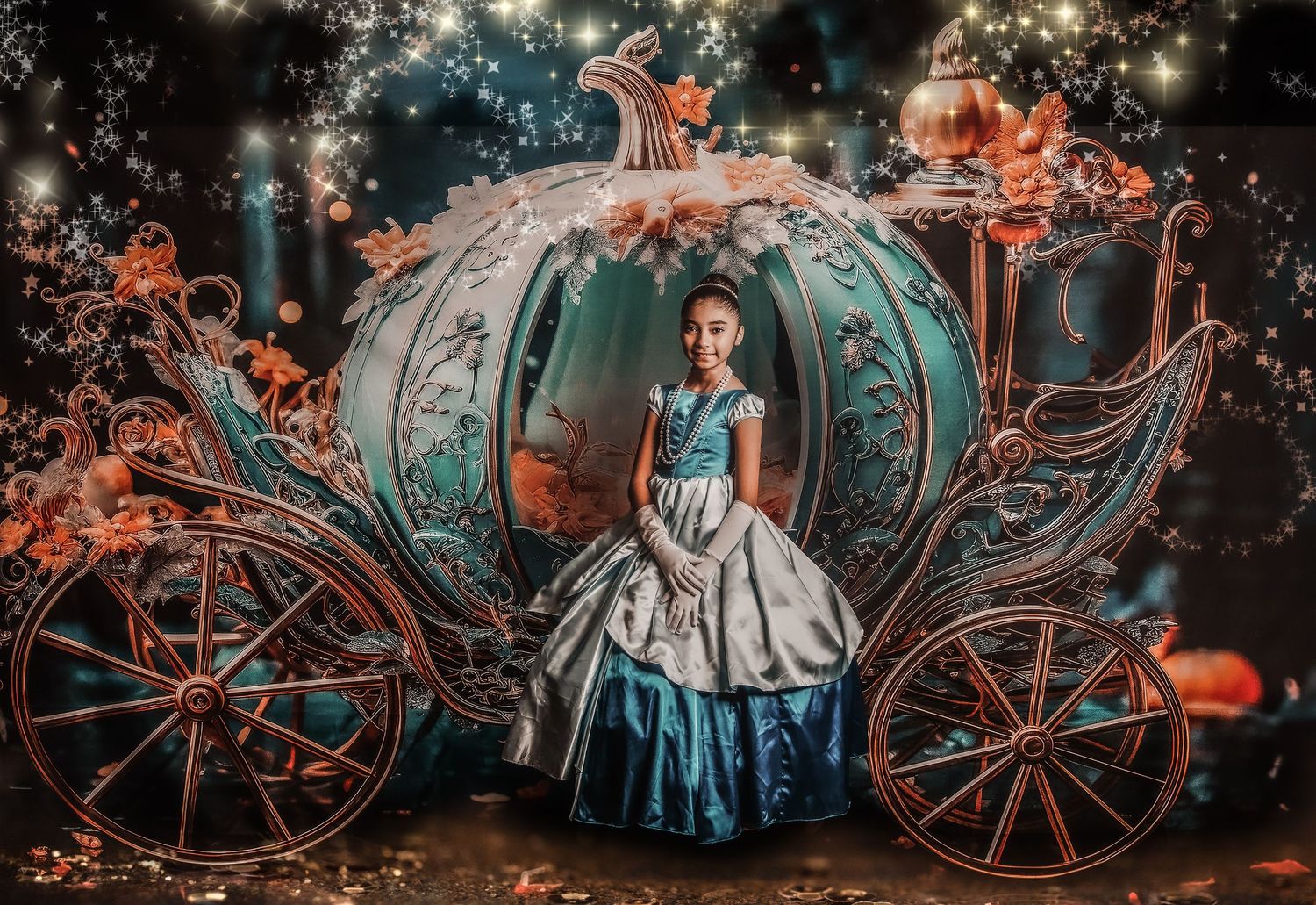 Four dreamy, whimsical night portraits featuring a vintage bicycle and soft glowing lights creating magical atmosphere.