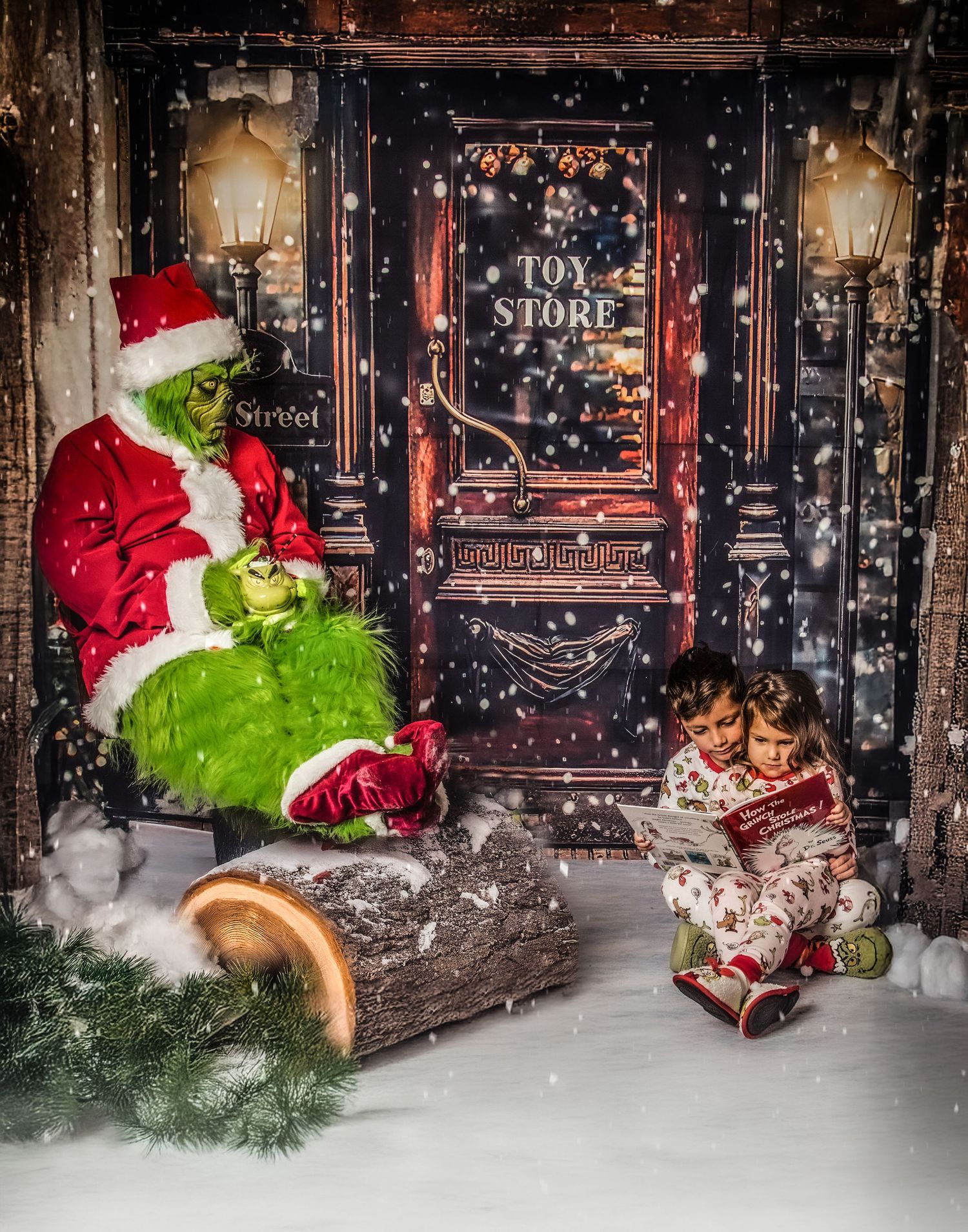 The Grinch in a Santa suit sneaks through a rustic doorway with falling snow and holiday decorations.