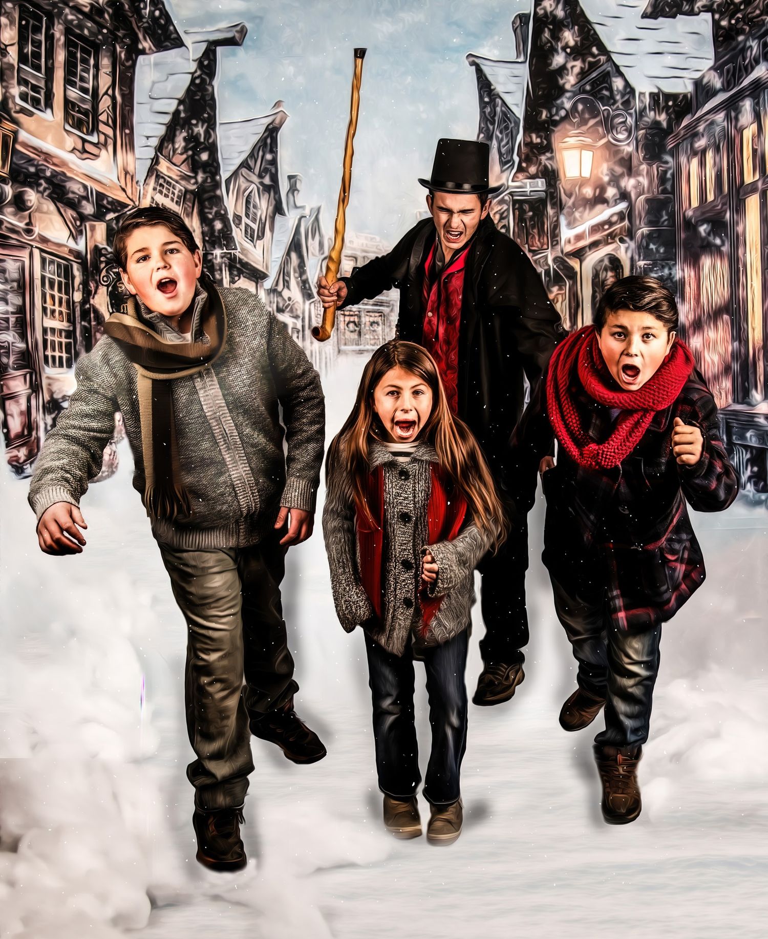 A group of people wearing winter coats and scarves walk through snow-covered streets in a whimsical, cinematic style.
