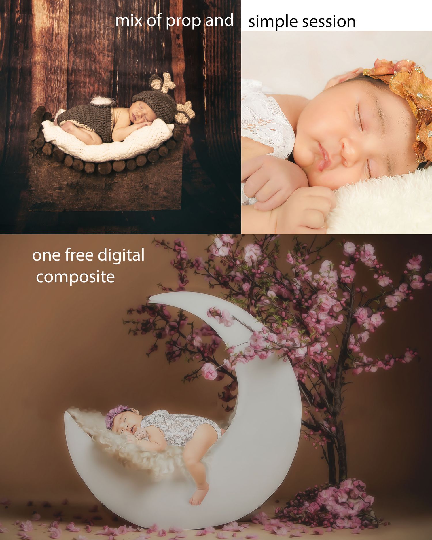 Newborn photography collage featuring prop session, simple session, and digital composite with baby on crescent moon.