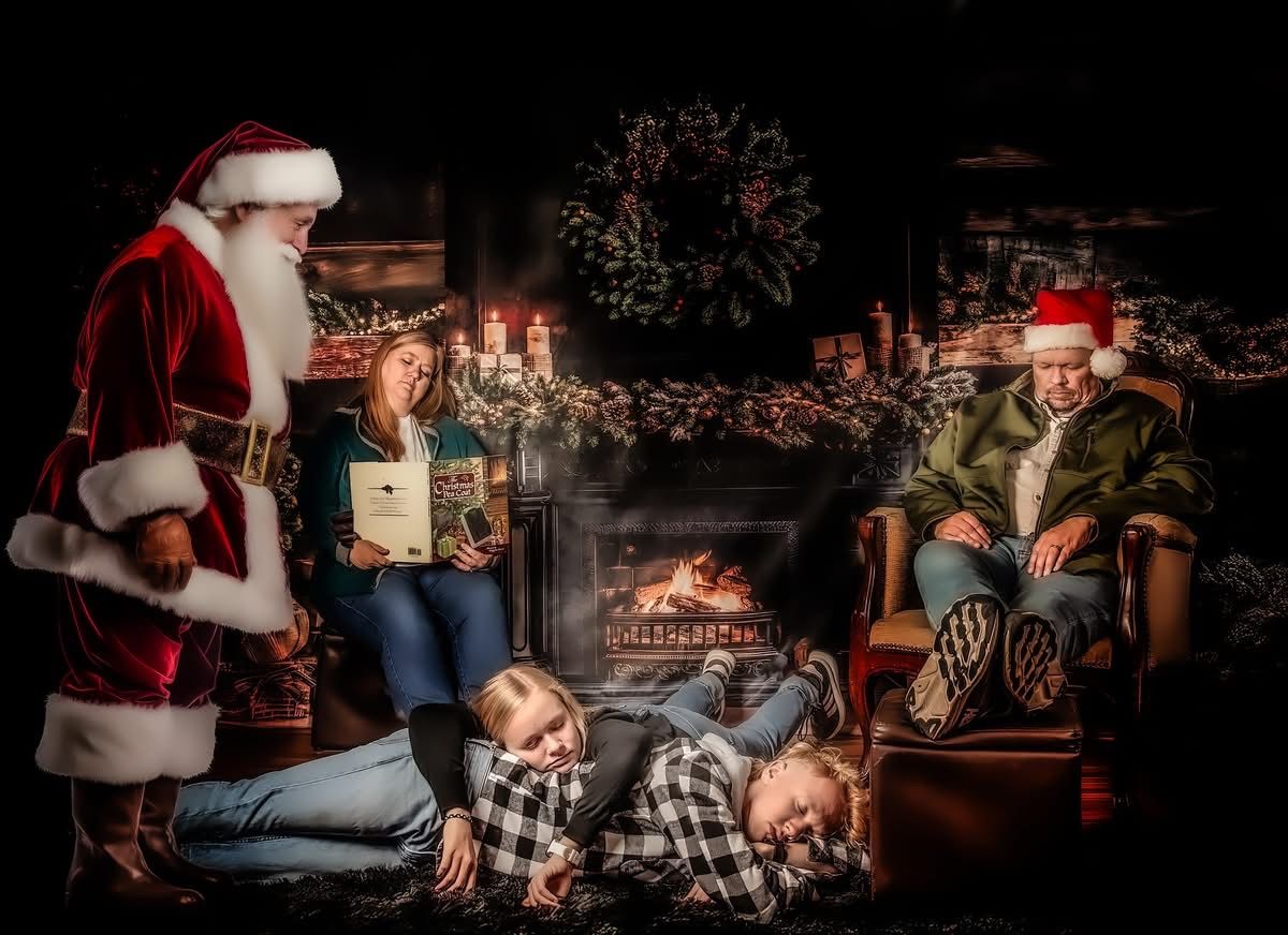 A festive Christmas scene with glowing lights and decorations captured in a moody, dark setting.