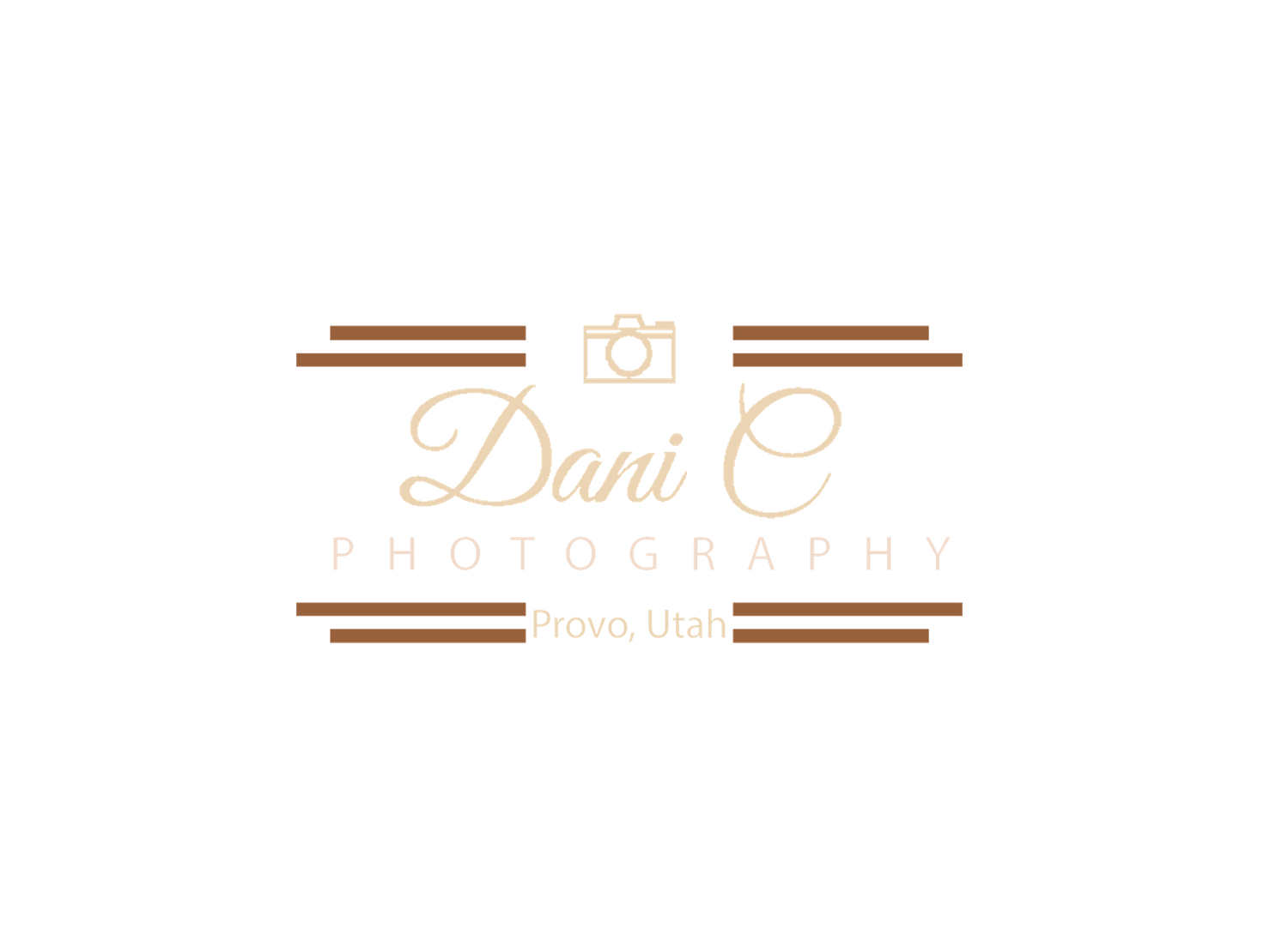 A vintage style photography business logo with copper colored horizontal lines and text on black background.
