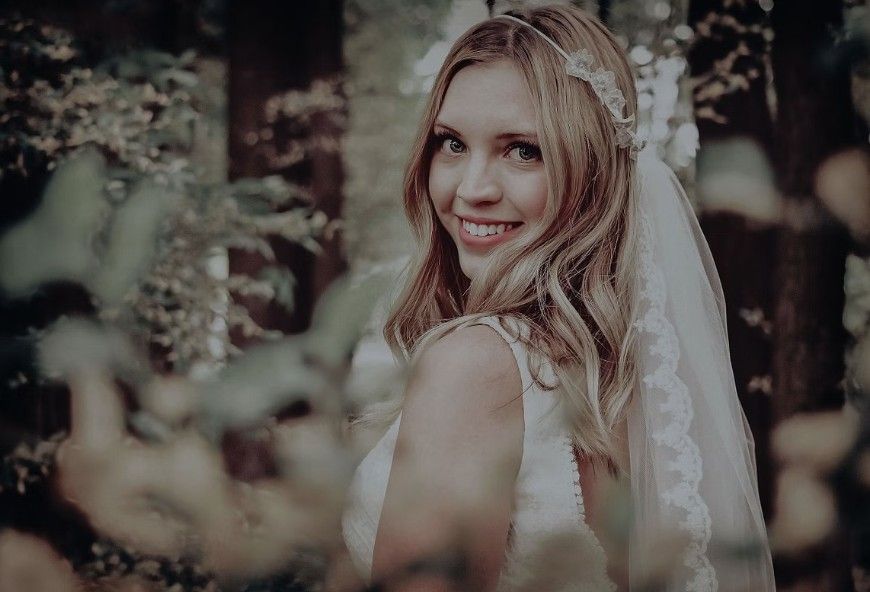 A series of outdoor photography portraits showing someone in a light-colored dress against a nature blurred background.
