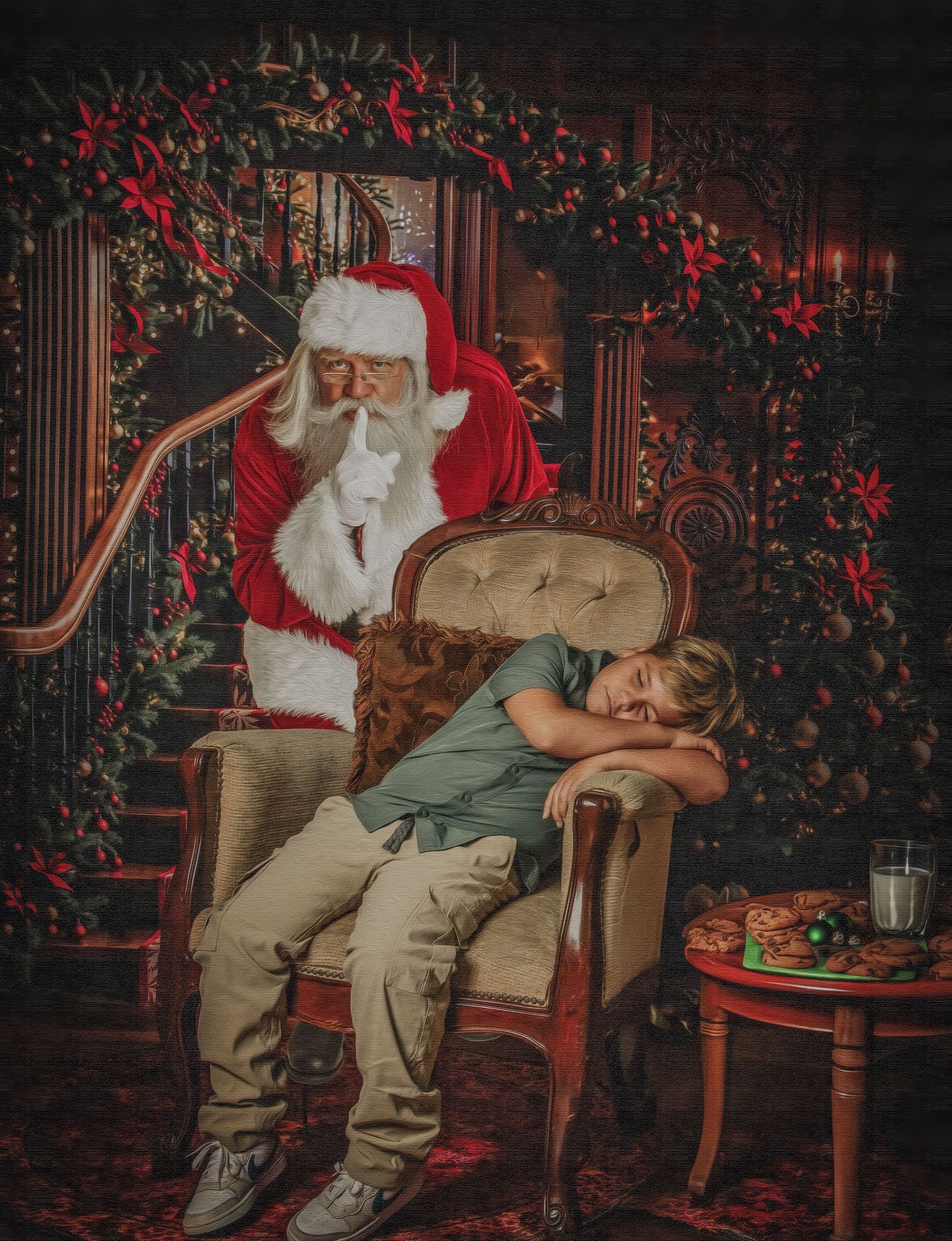 A series of five photos showing Santa Claus sitting in a cozy room decorated with red flowers and holiday decor.