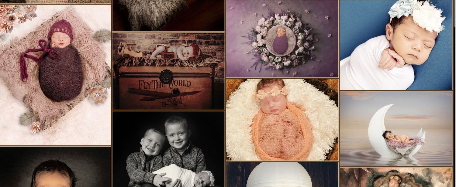 A collection of vintage and modern photographs displayed in a row showing various artistic and personal moments.
