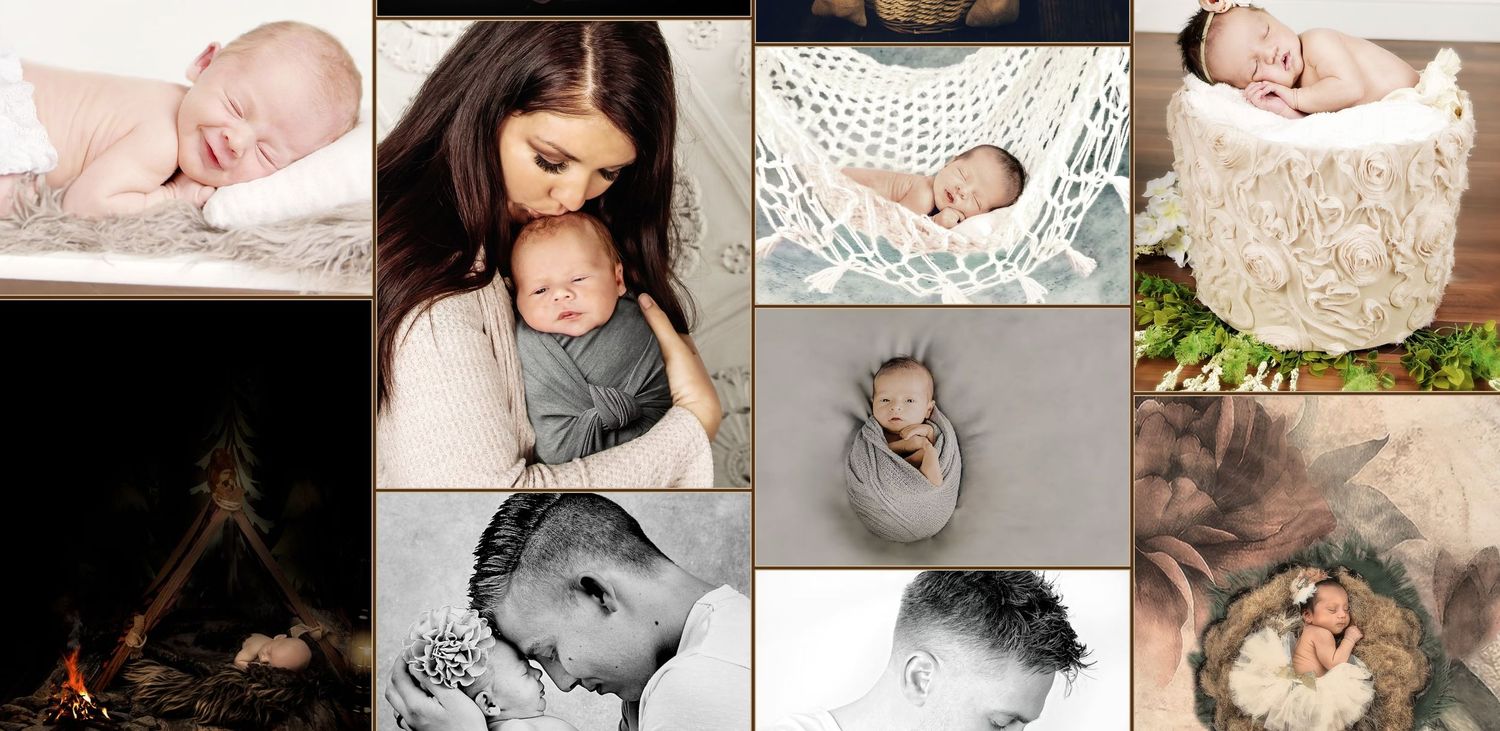 A collection of tender black and white newborn photography portraits arranged in a horizontal strip.