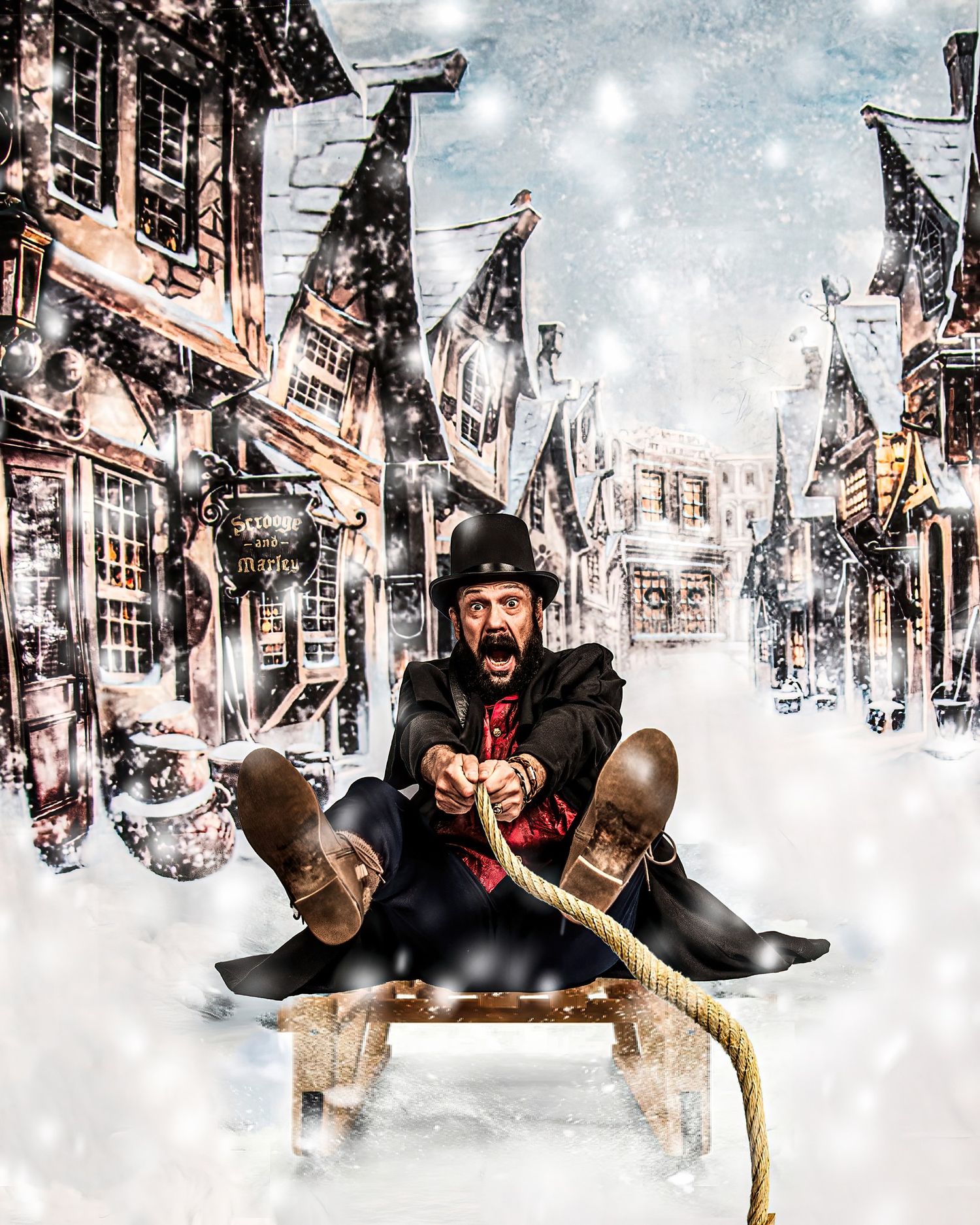 A person in a black coat and hat performs a tightrope balancing act on a rope in a snowy urban setting.