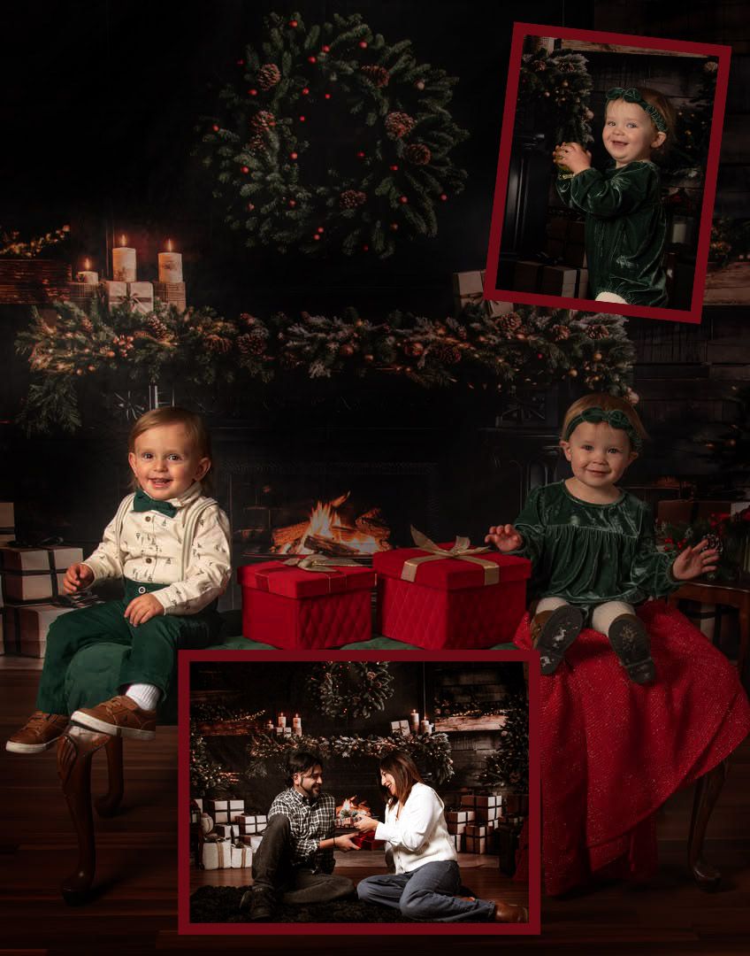 A festive Christmas photo collage with holiday decorations, red buckets, and framed portraits against a dark backdrop.