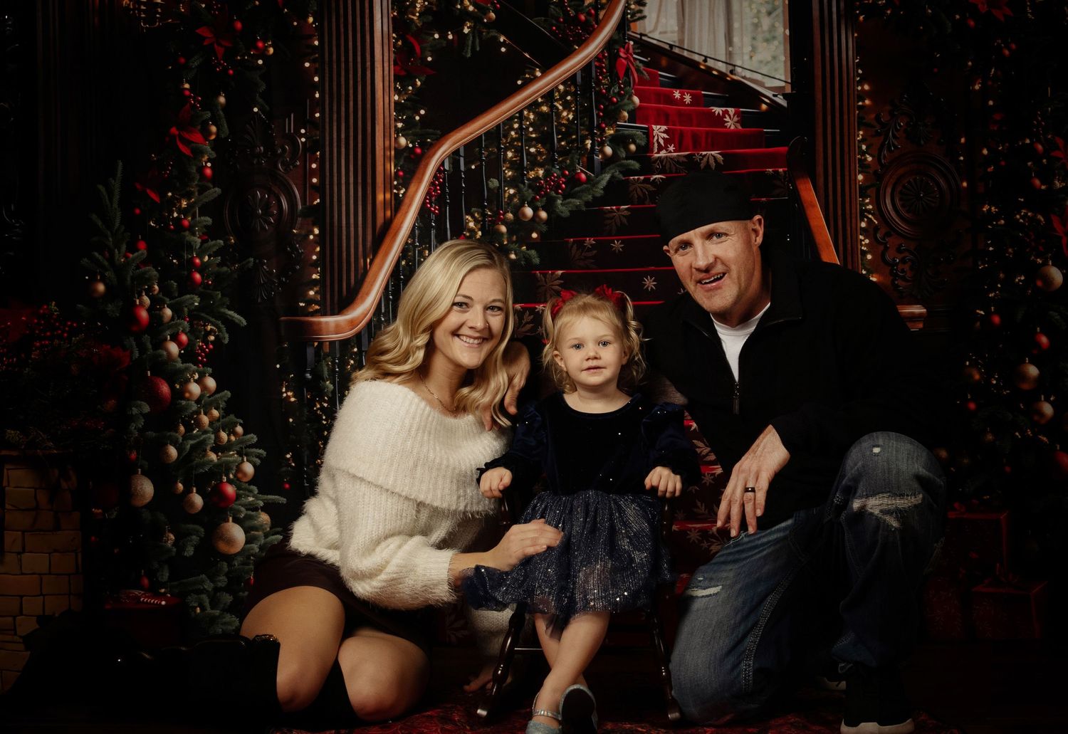 A series of festive holiday photos taken in front of a decorated Christmas tree with twinkling lights in the background.