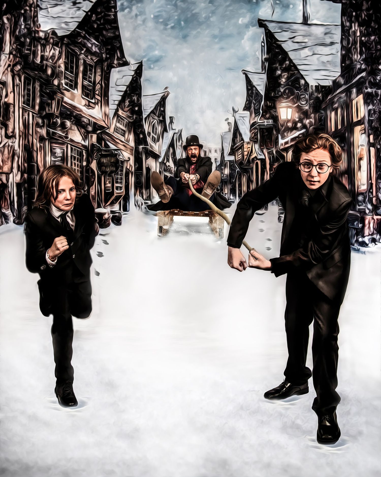 A sequence of action shots shows a person in black clothing performing dynamic jumping movements in a snowy setting.