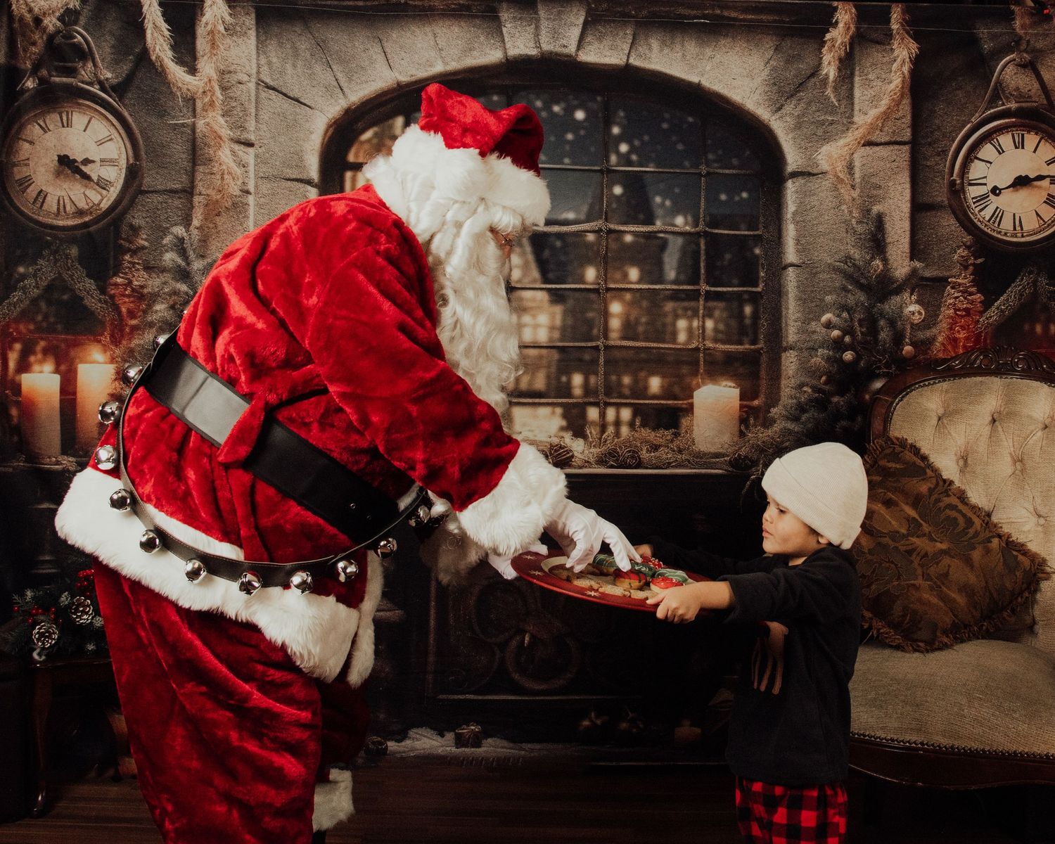A vintage-style Christmas scene with Santa's red suit and old clocks on stone walls in warm atmospheric lighting.