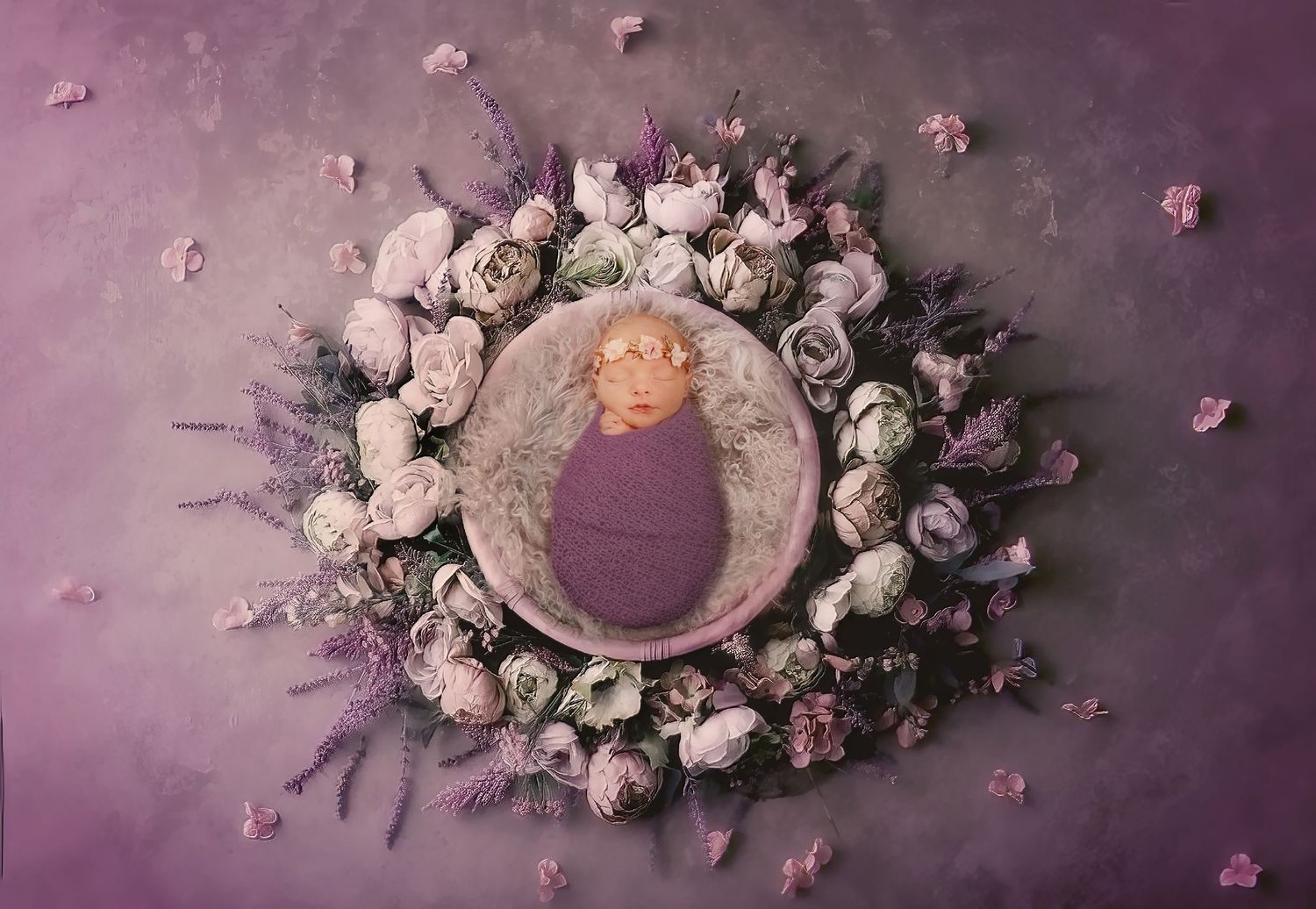 Purple-toned newborn photography setup with floral wreath arrangement and round platform.
