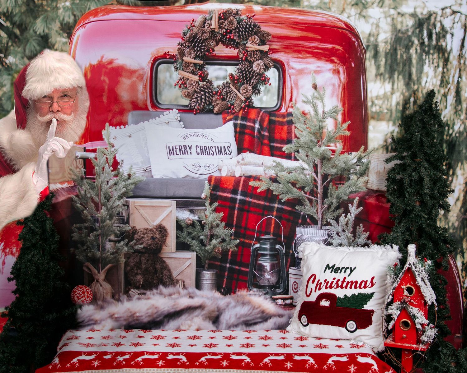 A festive holiday collage featuring vintage red trucks, Christmas trees, and seasonal decor in a rustic winter theme.