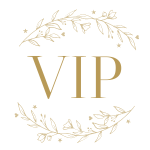 Elegant gold VIP text design with delicate floral elements and stars on a white background.