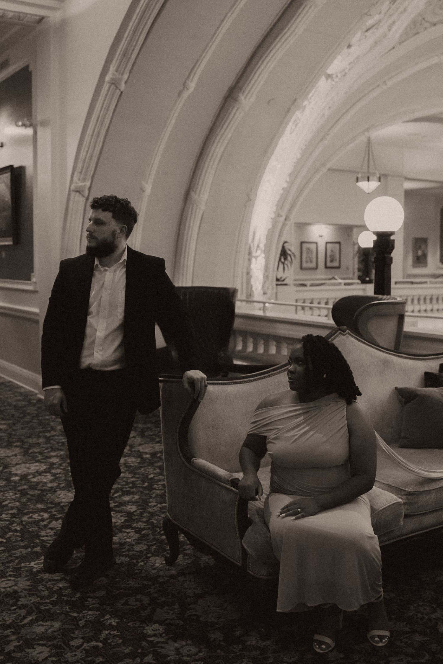 Moody couples photography at The Battle House Hotel in downtown Mobile Alabama