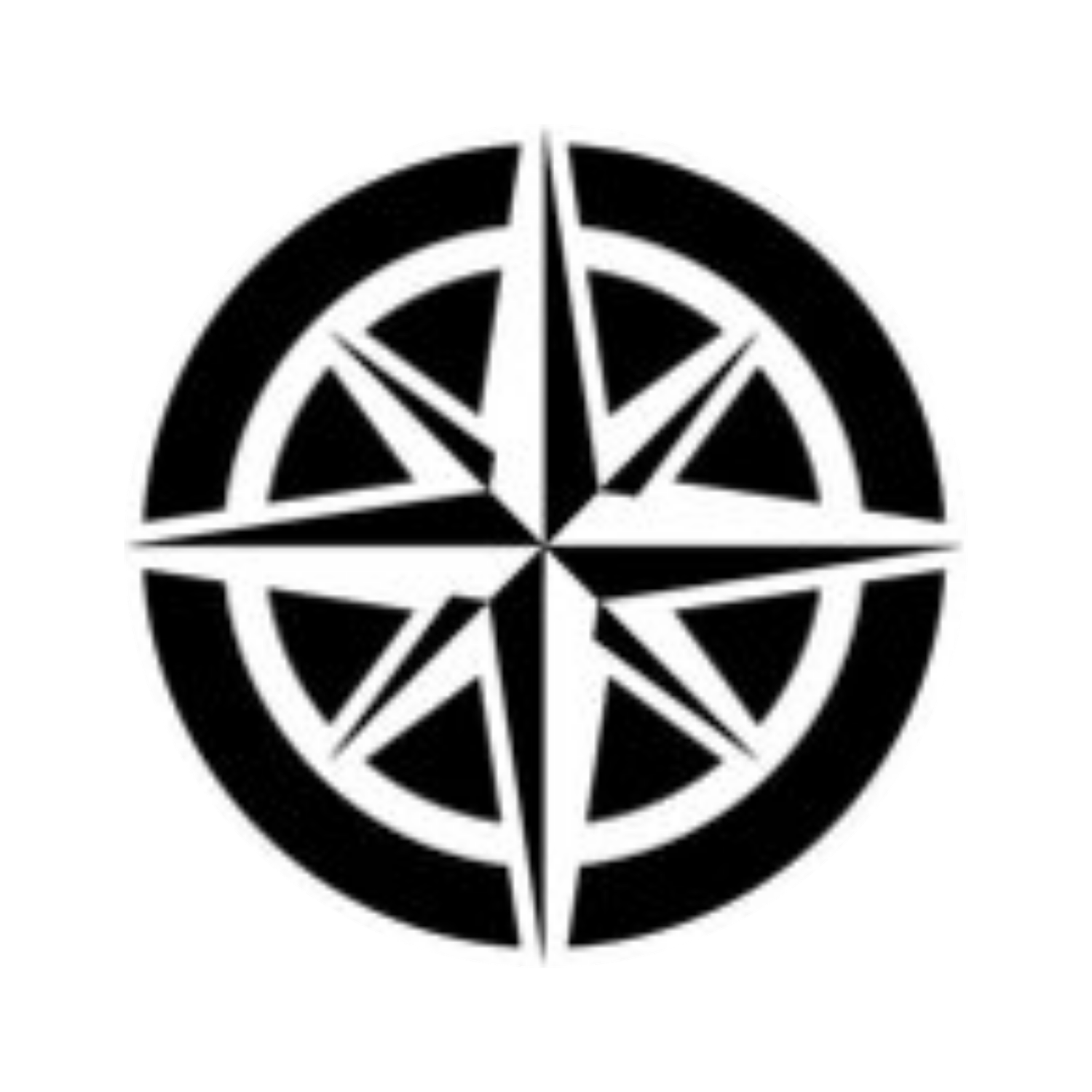 Black and white compass rose symbol inside a circular border, representing navigation and direction.