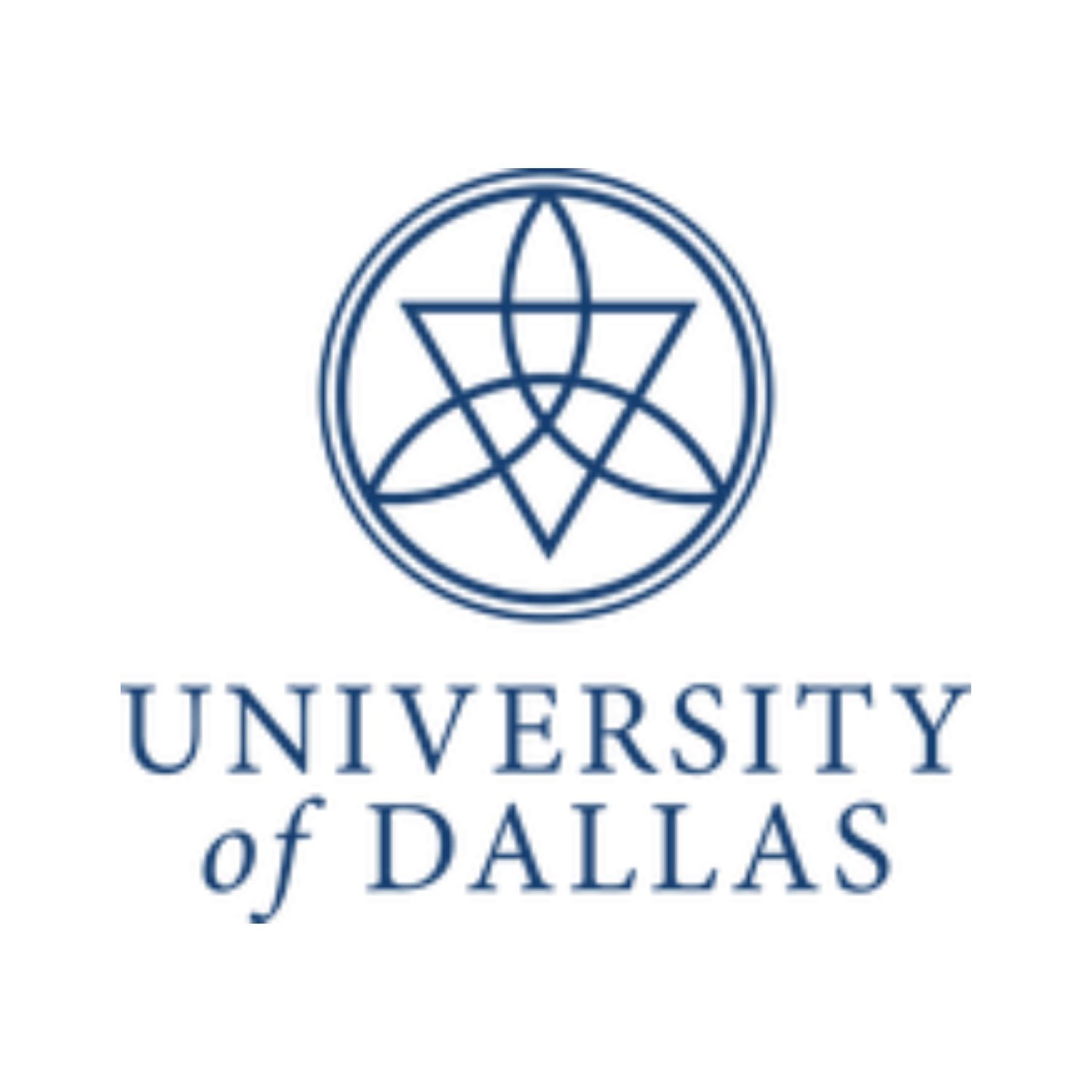 University of Dallas official logo with blue interlocking circles forming a star pattern inside a round border.