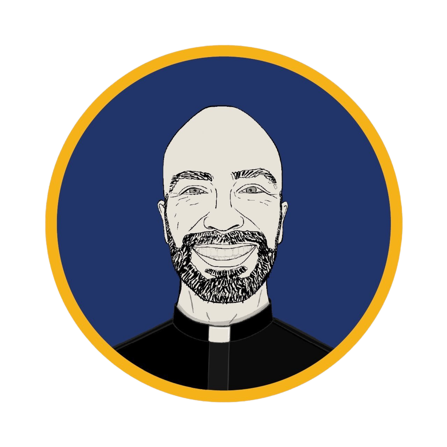 Illustrated portrait of a smiling bald Catholic priest with a beard, set against a blue circular background.