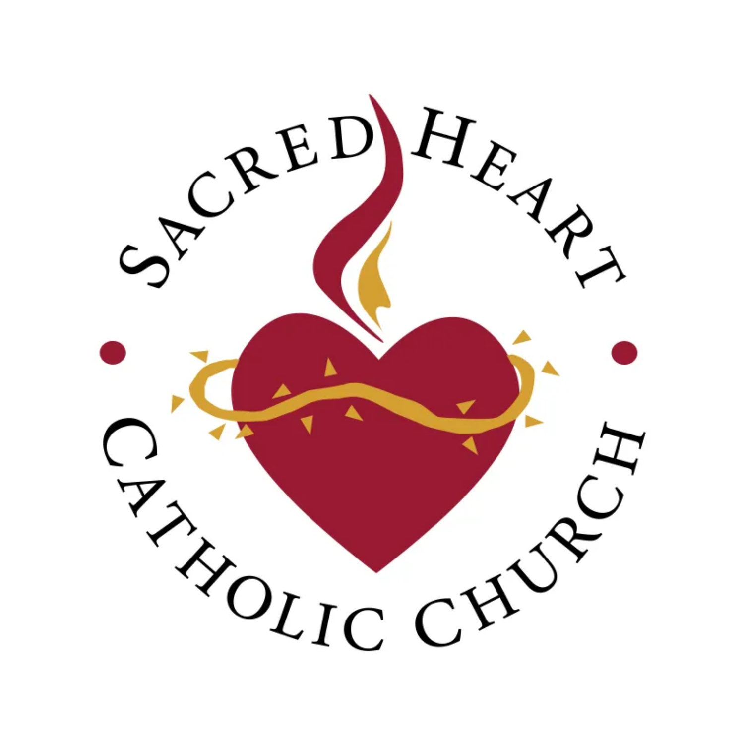 Sacred Heart Catholic Church logo featuring a red heart with thorns, flames, and gold decorative elements.