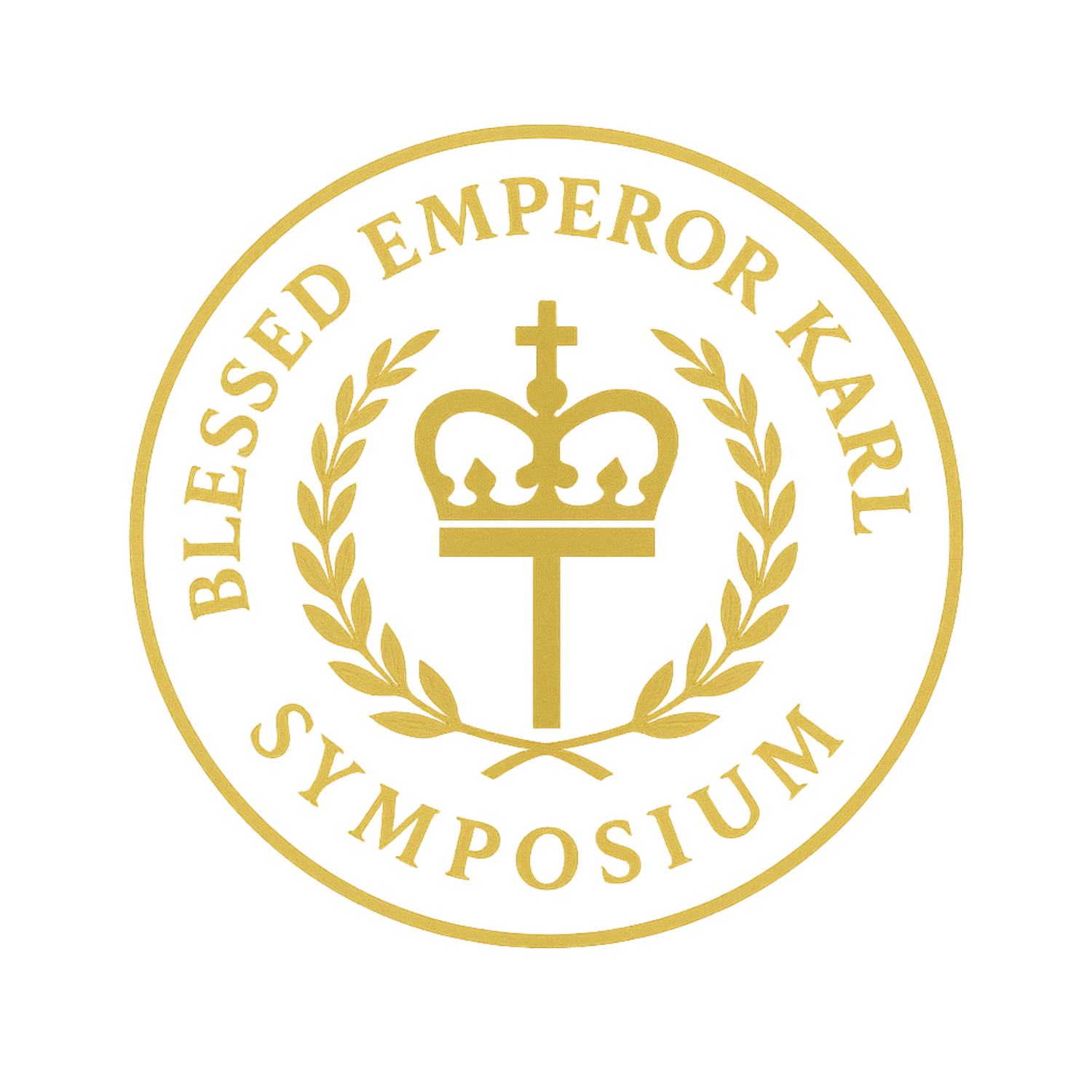 Gold circular seal for the Blessed Emperor Karl Symposium featuring a crown and cross emblem with laurel branches.