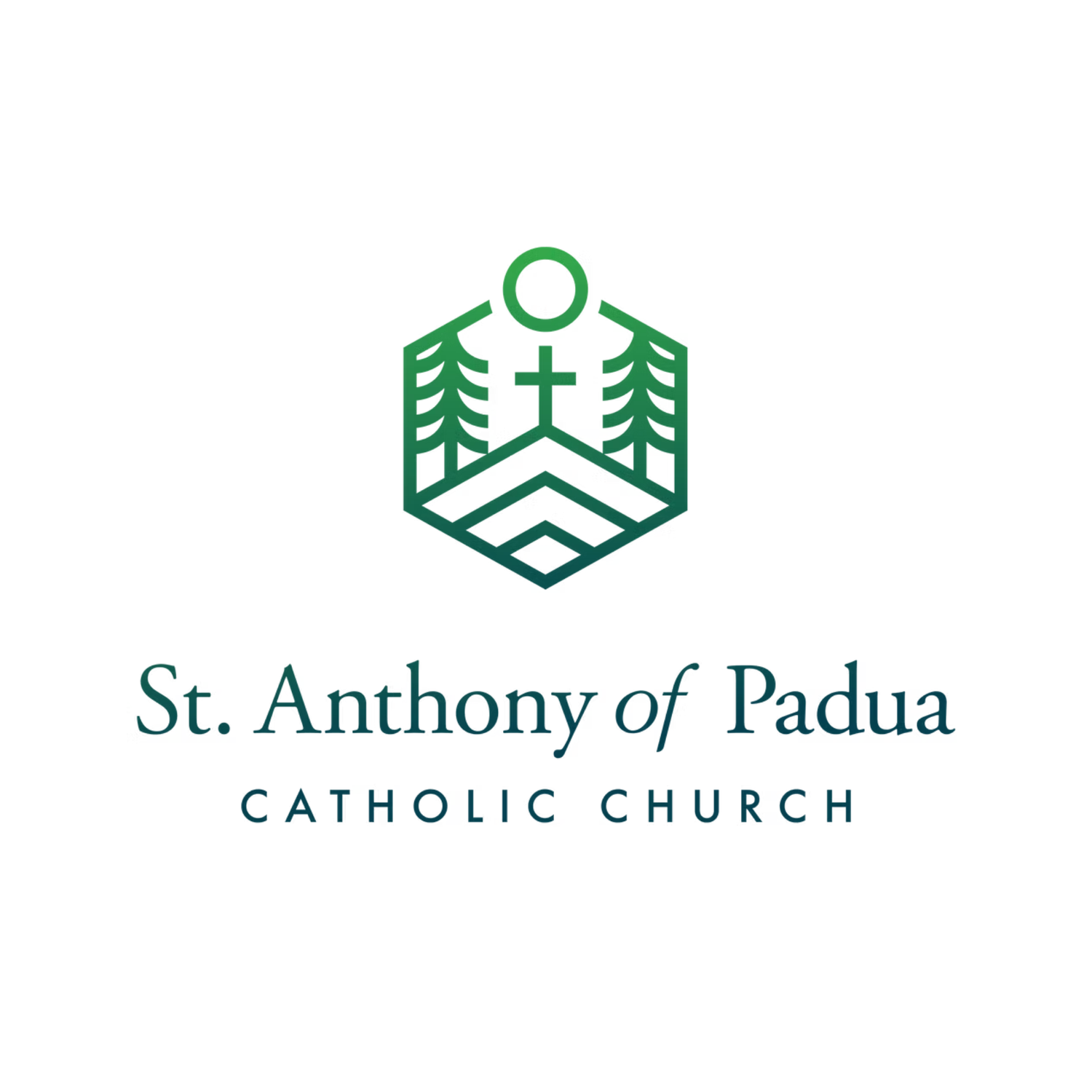 St. Anthony of Padua Catholic Church green logo with pine trees, cross, and hexagonal geometric design.