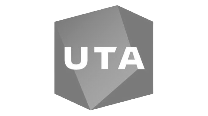 UTA United Talent Agency logo on a geometric hexagonal gray icon.