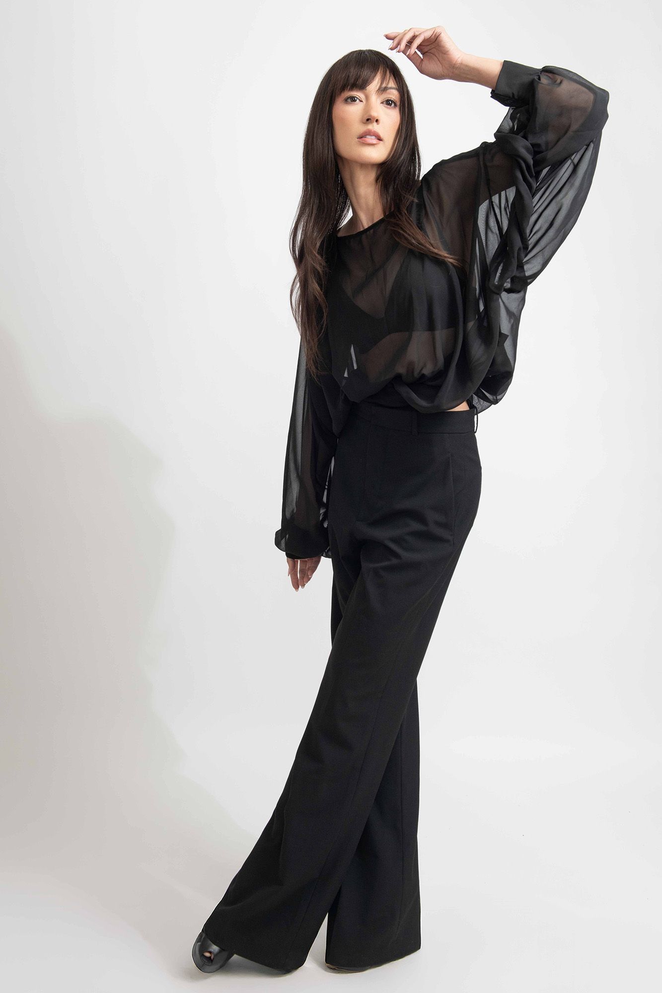 Brunette model in sheer black blouse and wide-leg trousers posing against white studio background.