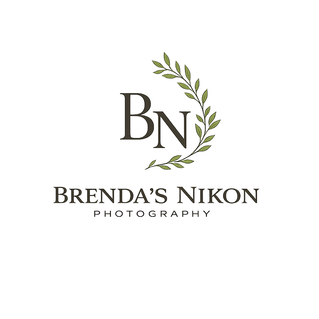 Logo for Brenda's Nikon Photography featuring elegant BN monogram with decorative green laurel branch on white background.