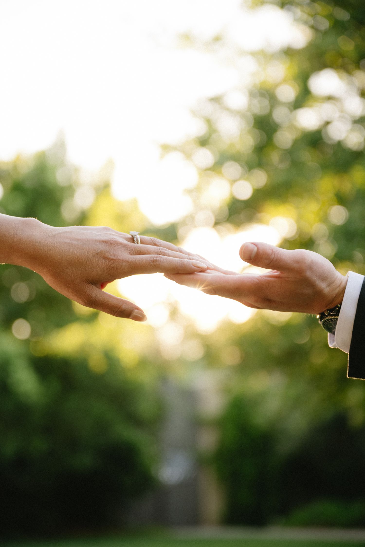 Two hands reaching toward each other outdoors, one wearing a diamond engagement ring, with soft bokeh green trees background.