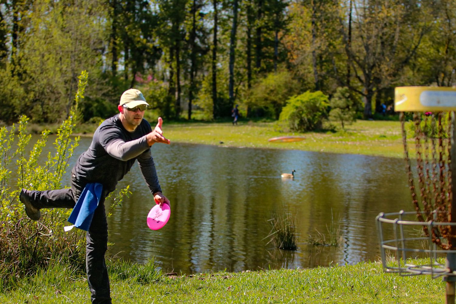 Man throwing a pink disc golf frisbee near a scenic pond on a sunny day.