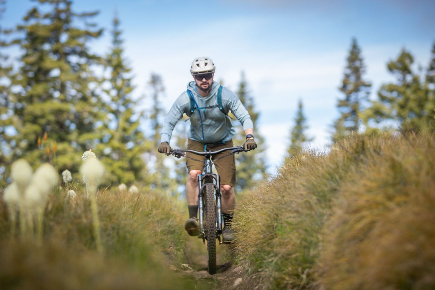 A mountain biker rides a trail through alpine meadows with evergreen trees under a blue sky.