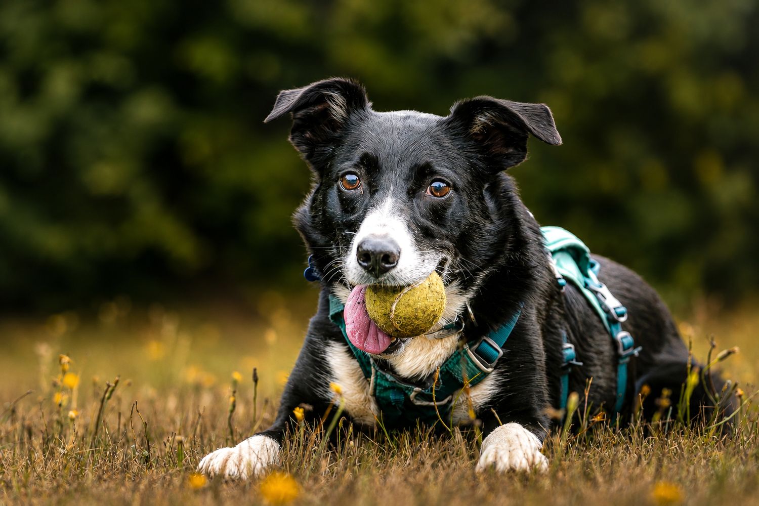 A black and white dog with a teal harness lies in grass with a tennis ball in its mouth.