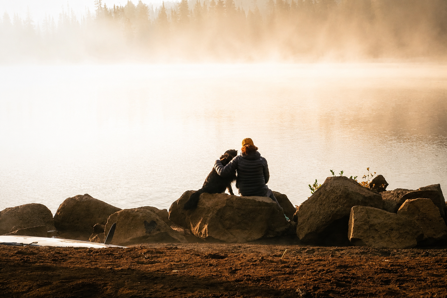 Person sitting on rocks with a dog gazing at a misty foggy lake at sunrise.
