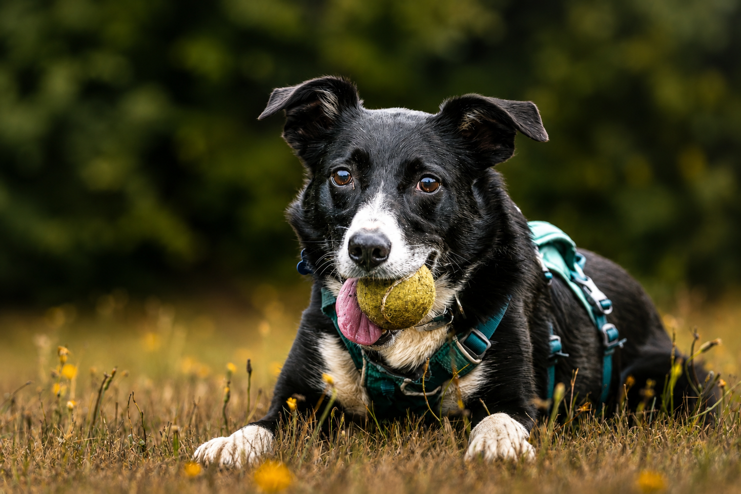 Black and white Border Collie dog lying in grass holding a tennis ball with a teal harness on.