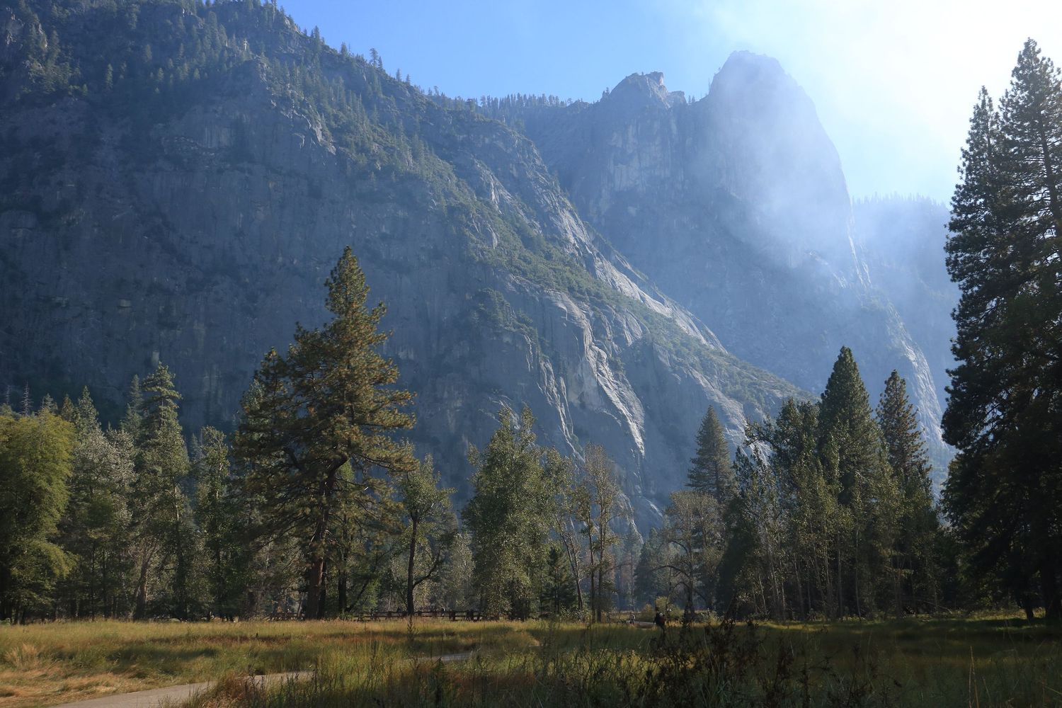 Towering granite cliffs rise above pine trees in misty Yosemite Valley on a sunny day.