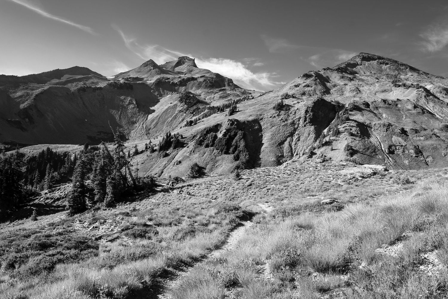 Black and white landscape photo of rugged mountain peaks with rocky terrain and sparse pine trees under a clear sky.