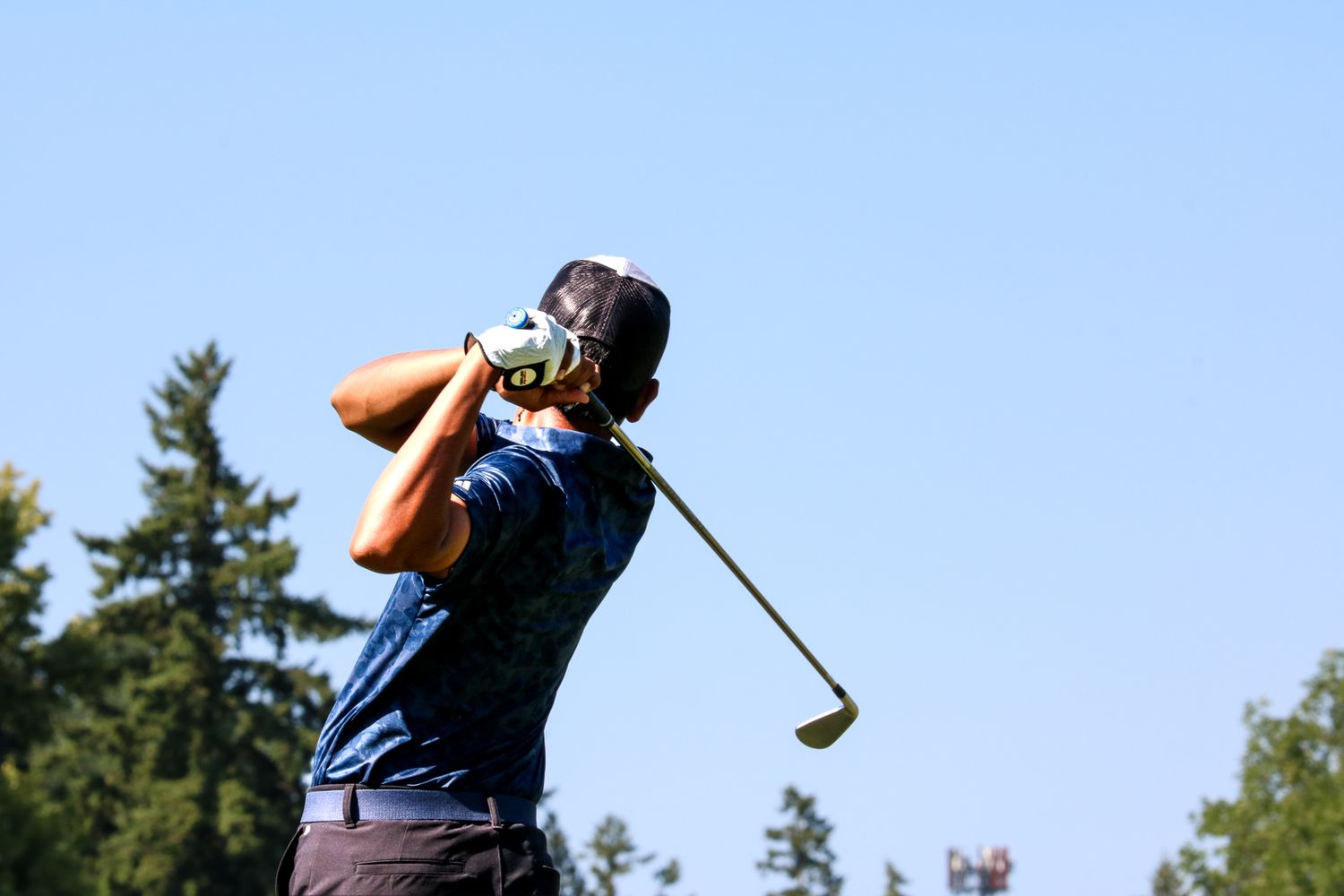 Golfer completes a full swing follow-through against a clear blue sky with evergreen trees.