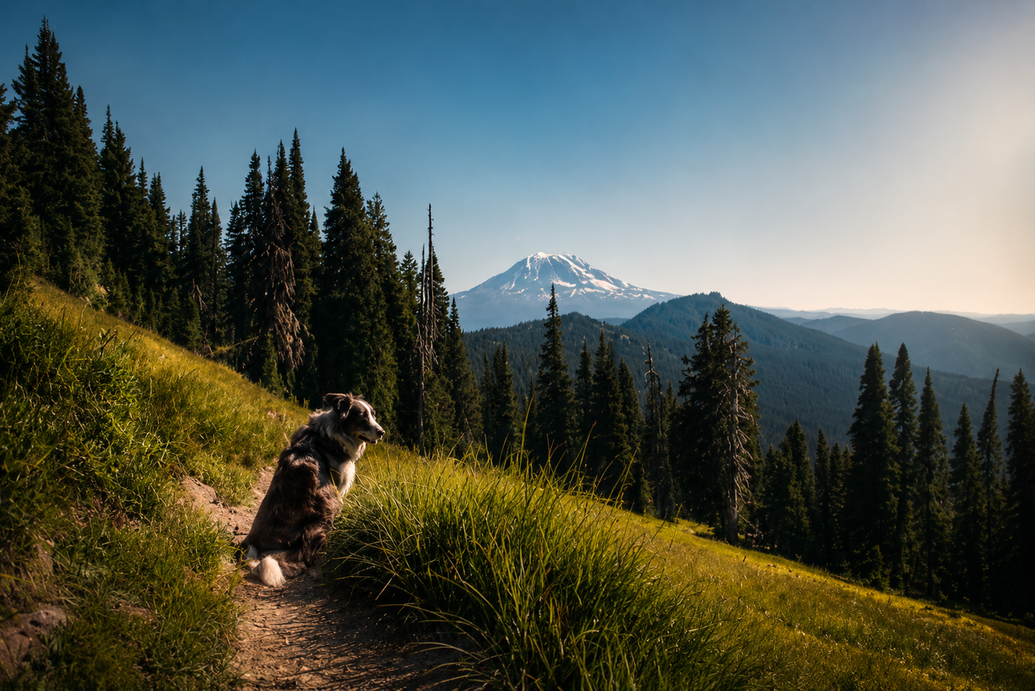 A Border Collie sits on a mountain trail surrounded by pine trees and a snow-capped peak.