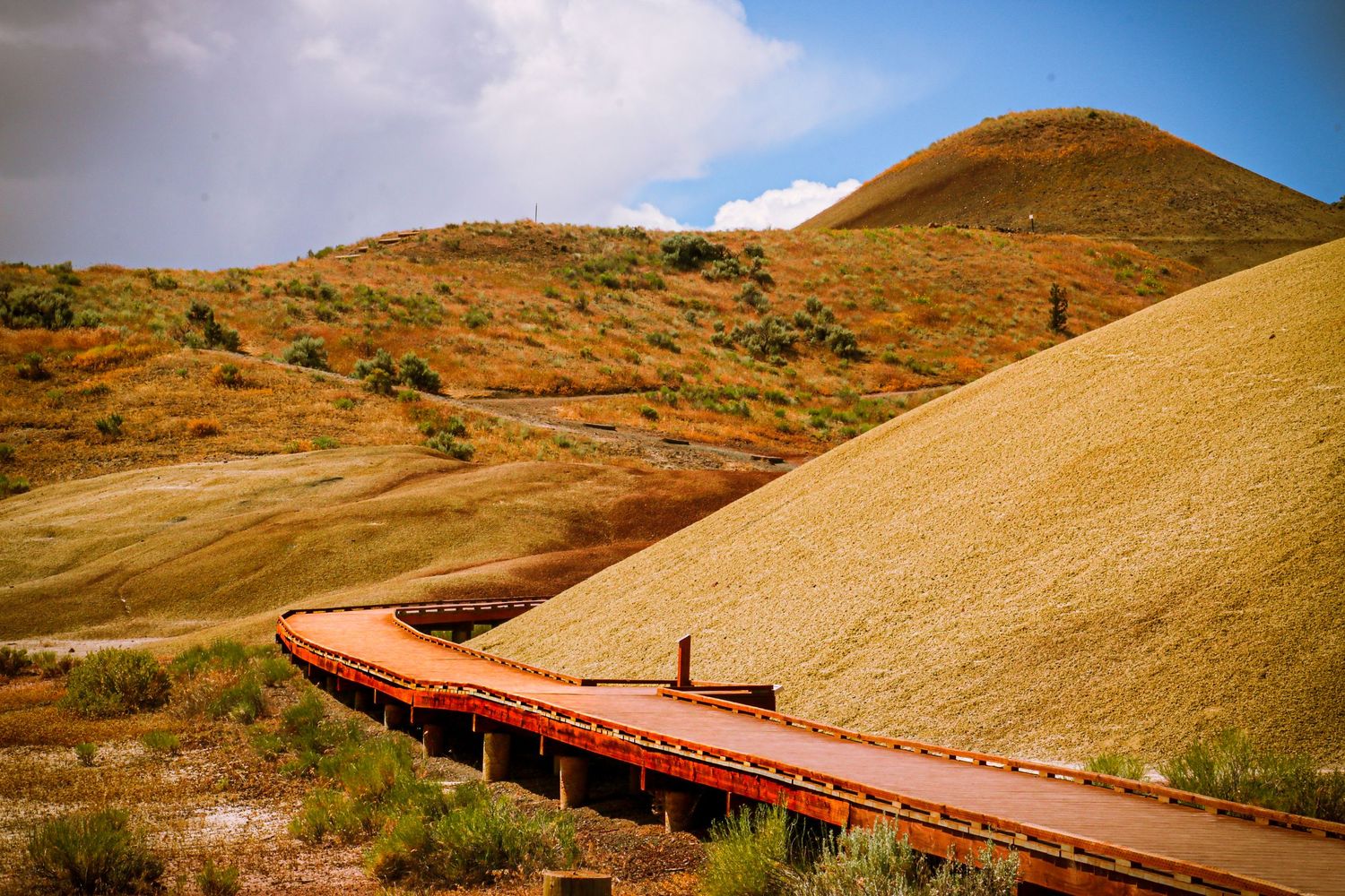 Curved wooden boardwalk traversing the golden rolling hills of John Day Fossil Beds under cloudy skies.