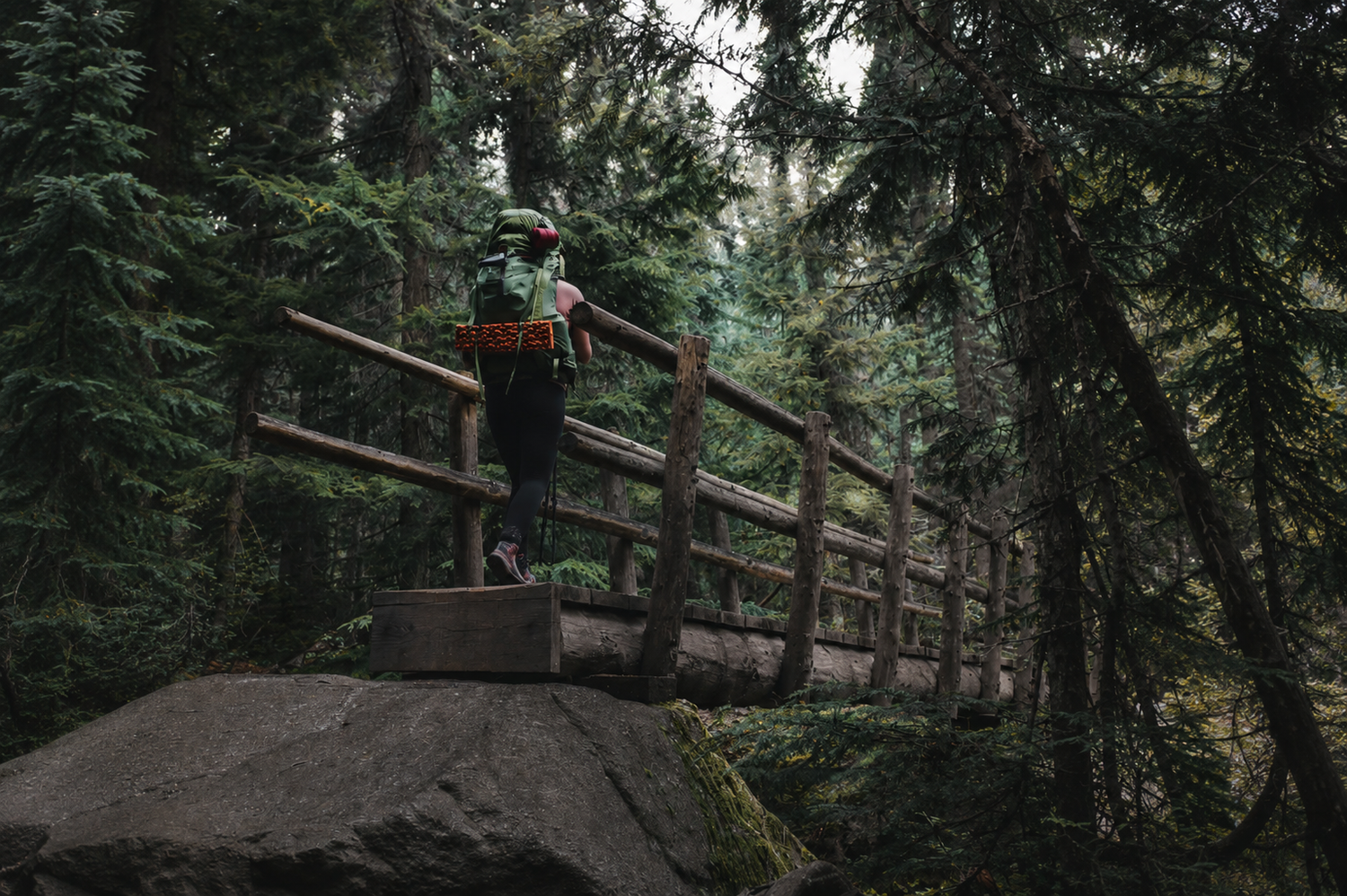 A hiker with a backpack standing on a rock beside a wooden bridge in a dense evergreen forest.