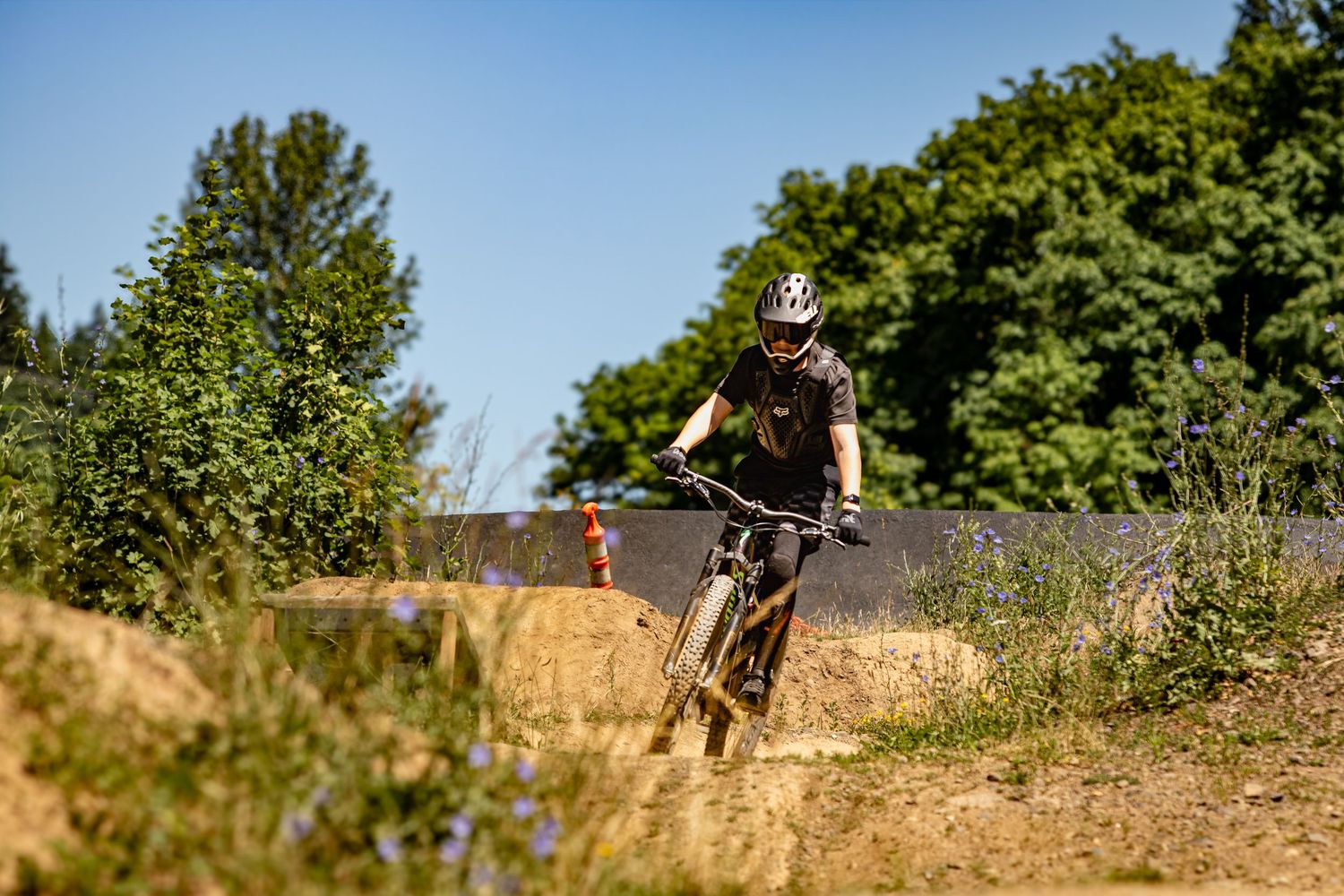 Mountain biker riding down a dirt trail on a sunny day with lush trees in background.