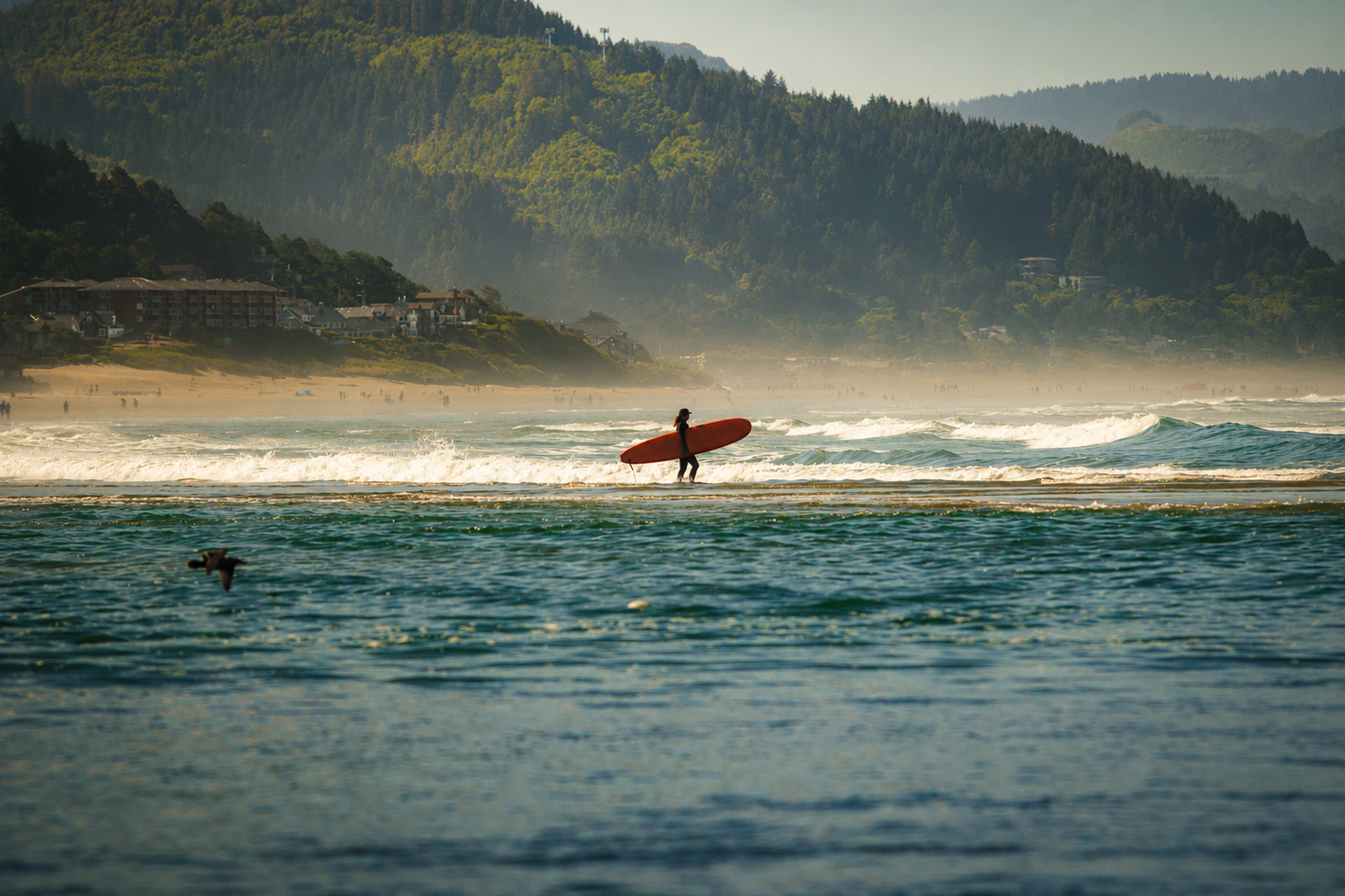 Surfer carrying a red surfboard into ocean waves with misty coastal hills in the background.
