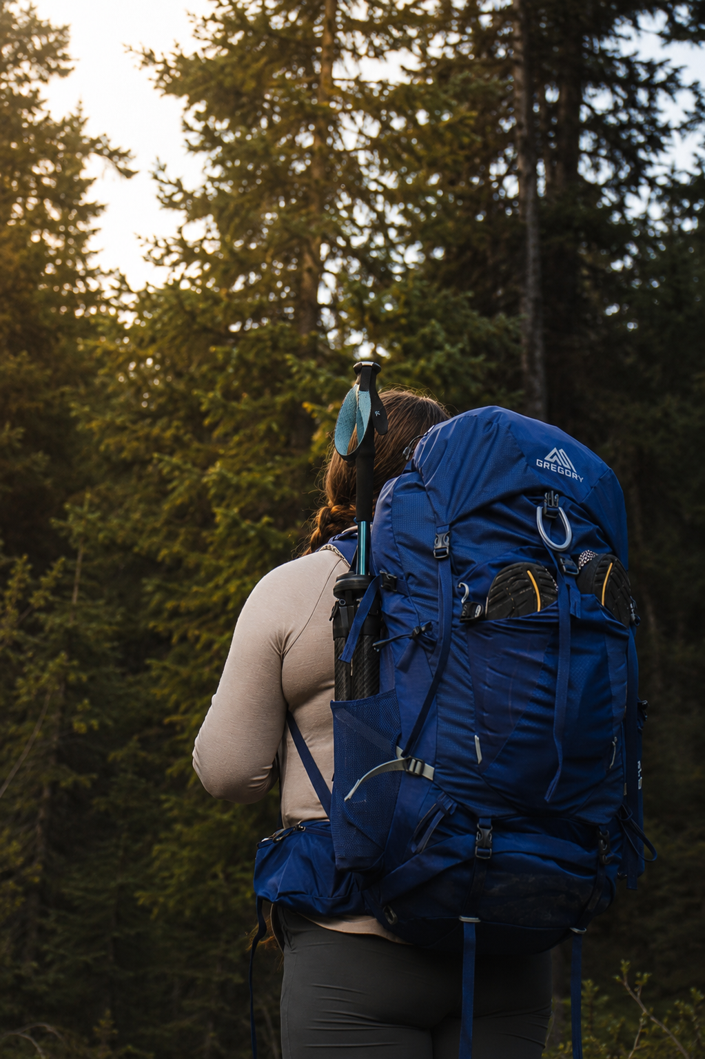 Hiker with a large blue Gregory backpack standing in a forest at golden hour.