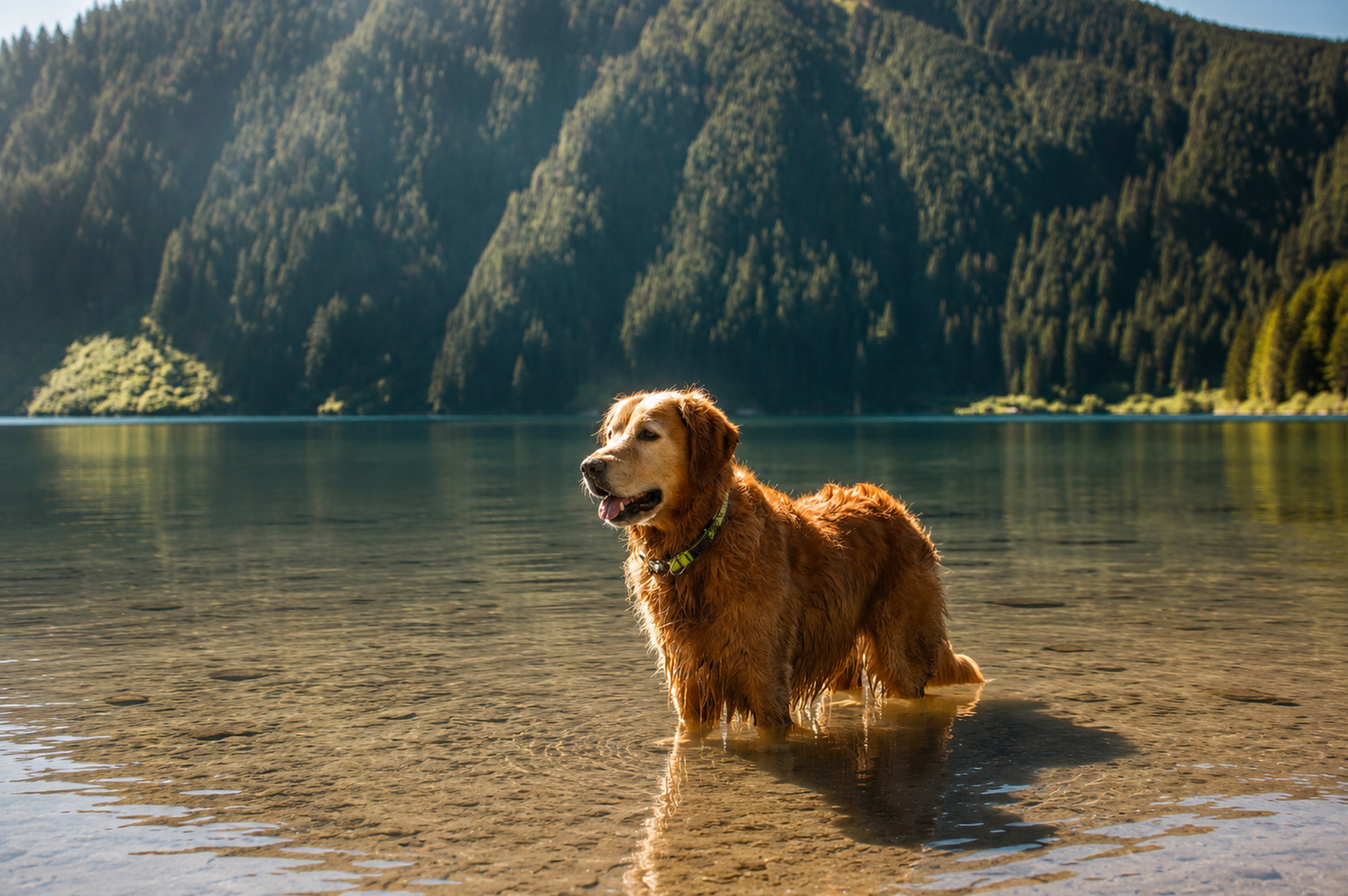 A golden retriever stands in a sunlit mountain lake with lush green forested hills behind.