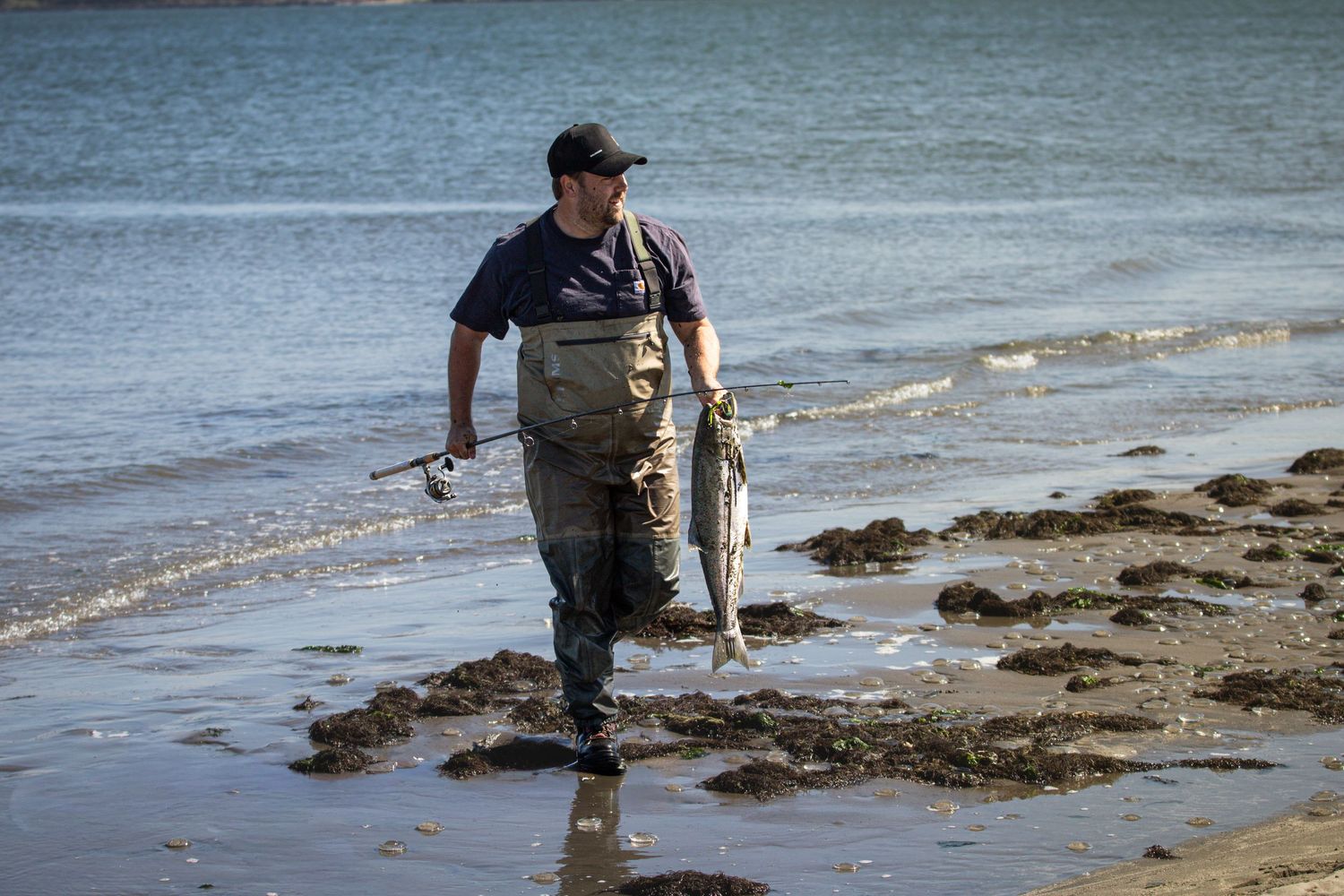 Fisherman in waders carrying a large caught fish along a rocky shoreline near calm blue water.