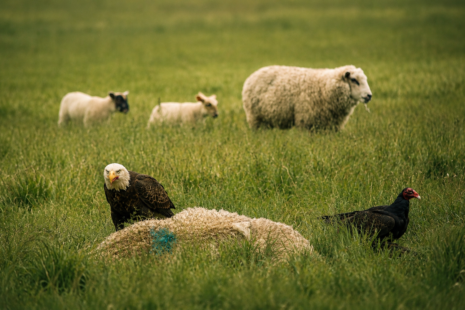 A bald eagle perches on a sheep among a flock in a lush green meadow with lambs grazing nearby.