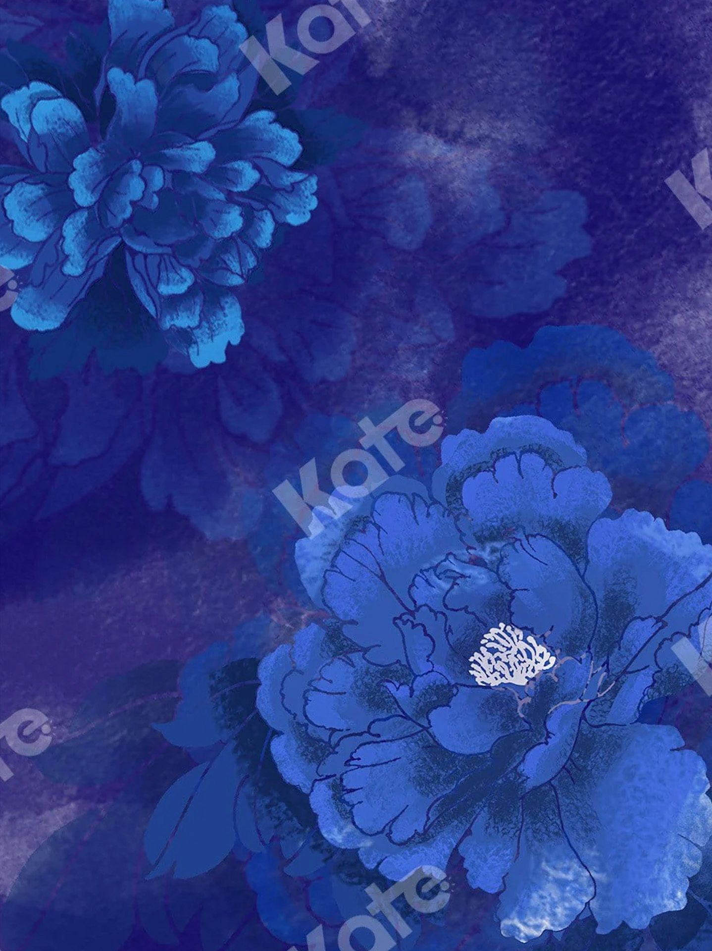 Blue peony flowers painted in rich cobalt and navy tones on a watercolor background, creating an elegant floral art piece.