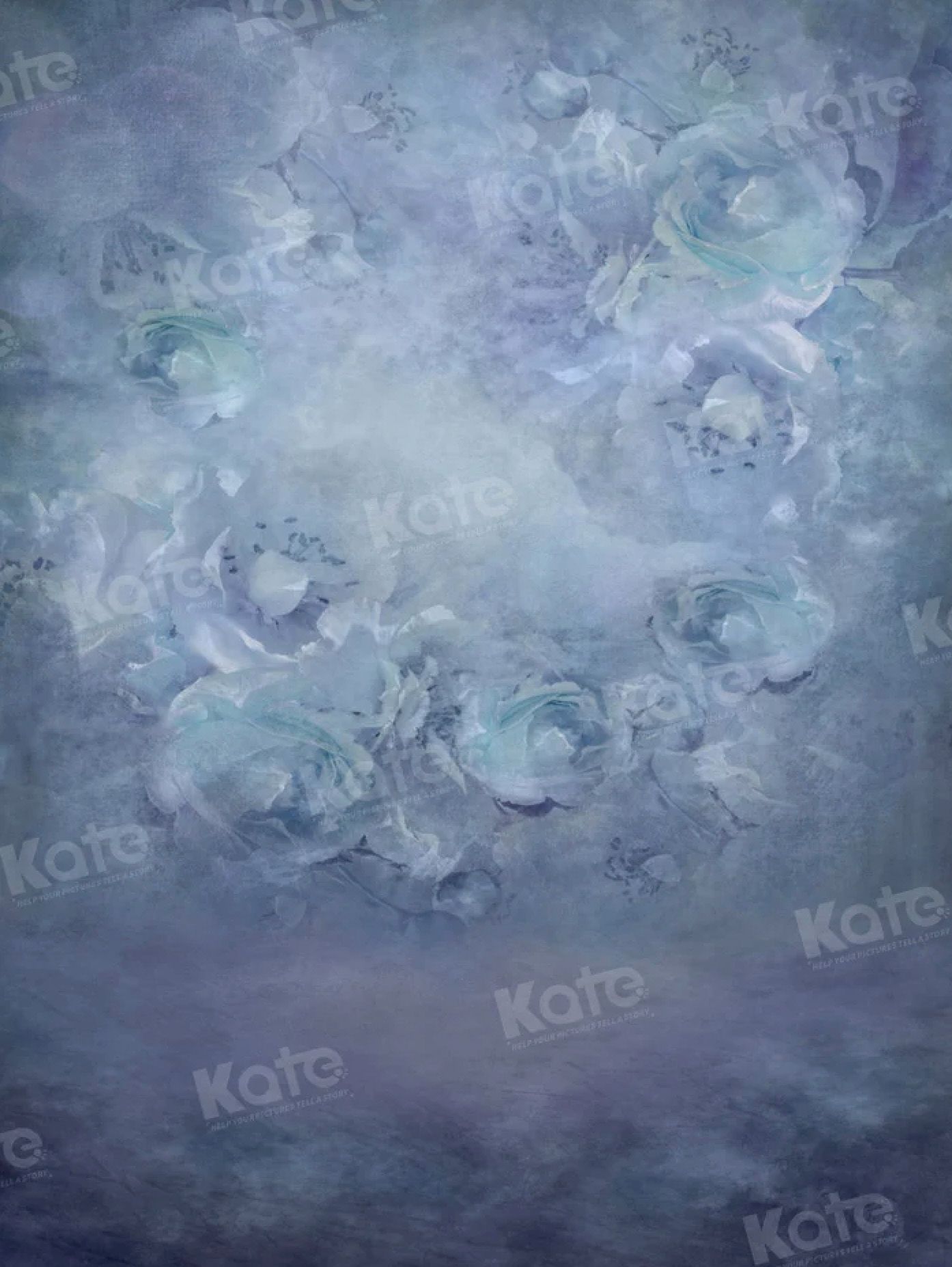 Blue floral painted photography backdrop with soft roses and dreamy watercolor texture by Kate.